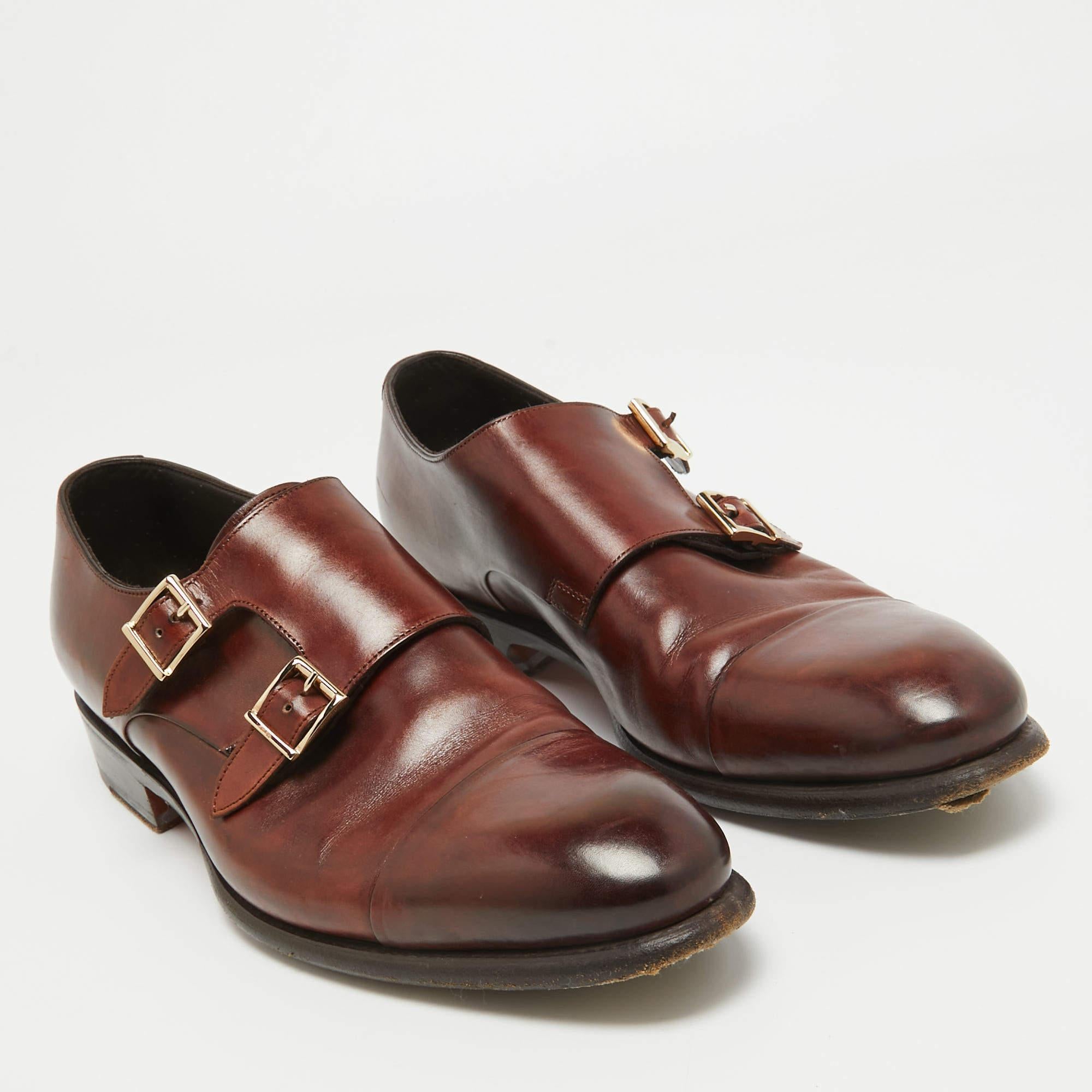 Santoni Brown Leather Monk Strap Derby Size 41.5 In Good Condition In Dubai, Al Qouz 2