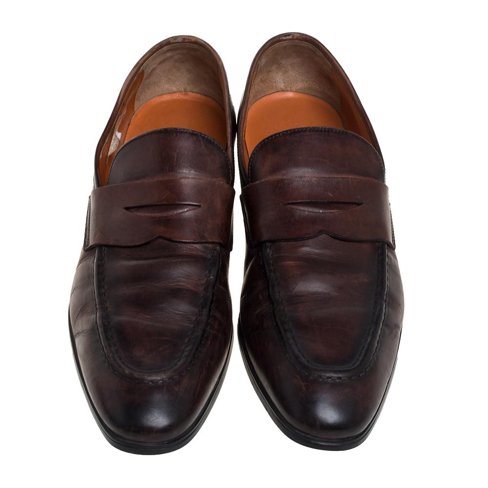 Men's Santoni Brown Leather Slip On Loafers Size 42