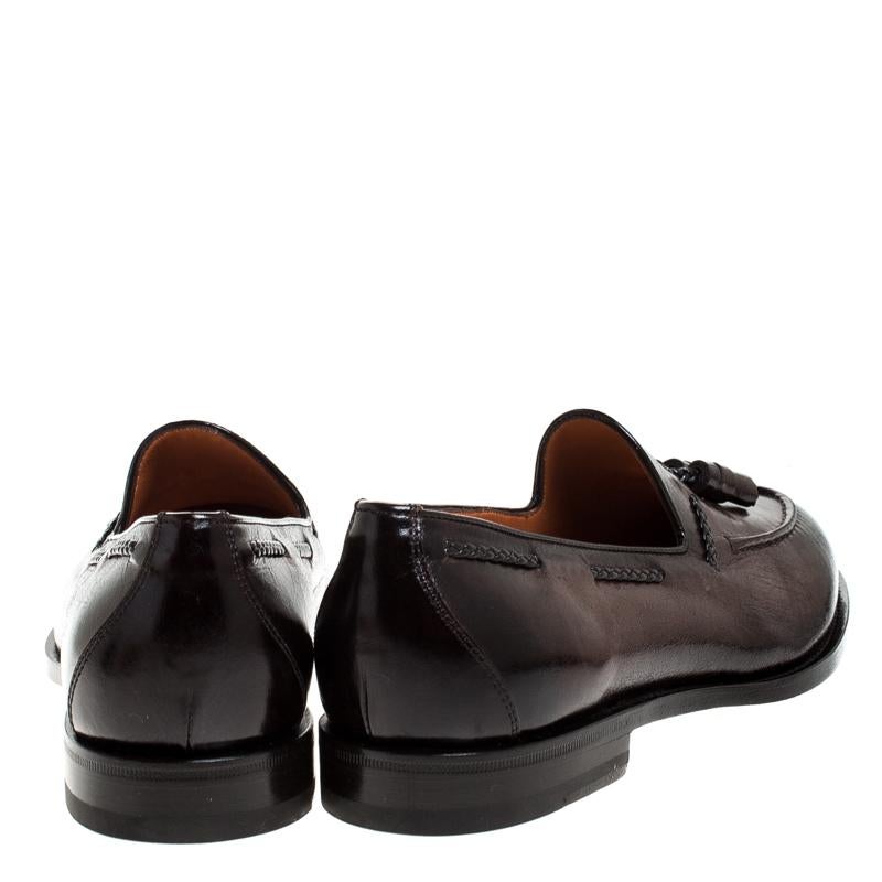 Black Santoni Brown Leather Tassel Detail Slip On Loafers Size 40.5