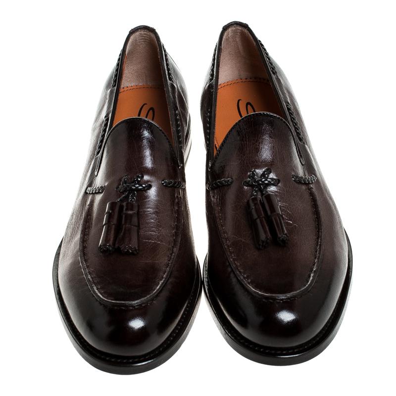Santoni Brown Leather Tassel Detail Slip On Loafers Size 40.5 In New Condition In Dubai, Al Qouz 2