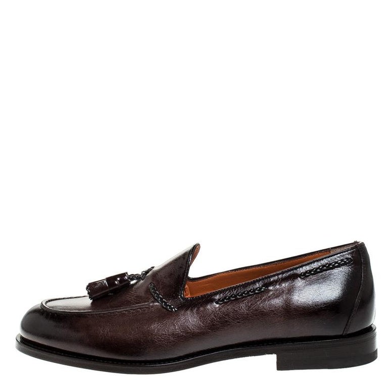 Santoni Brown Leather Tassel Detail Slip On Loafers Size 42 at 1stDibs