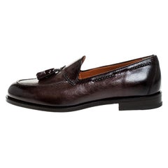 Santoni Brown Leather Tassel Detail Slip On Loafers Size 42.5