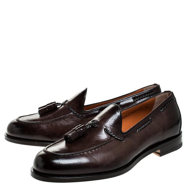 Men's Santoni Brown Leather Tassel Detail Slip On Loafers Size 44