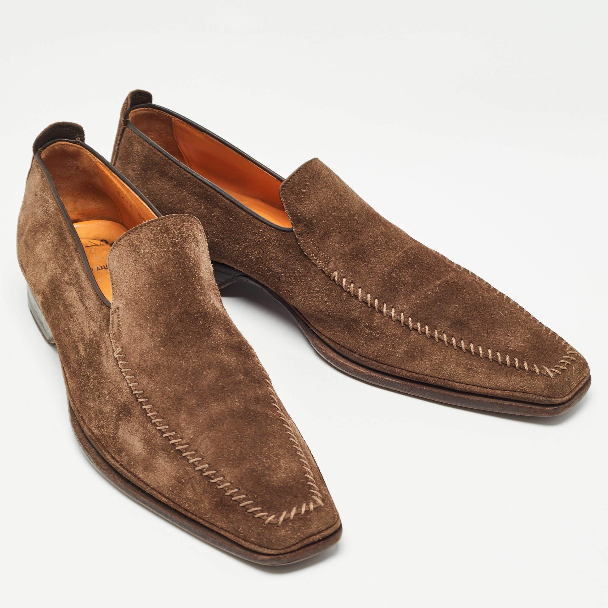 Men's Santoni Brown Suede Slip On Loafers Size 41 For Sale