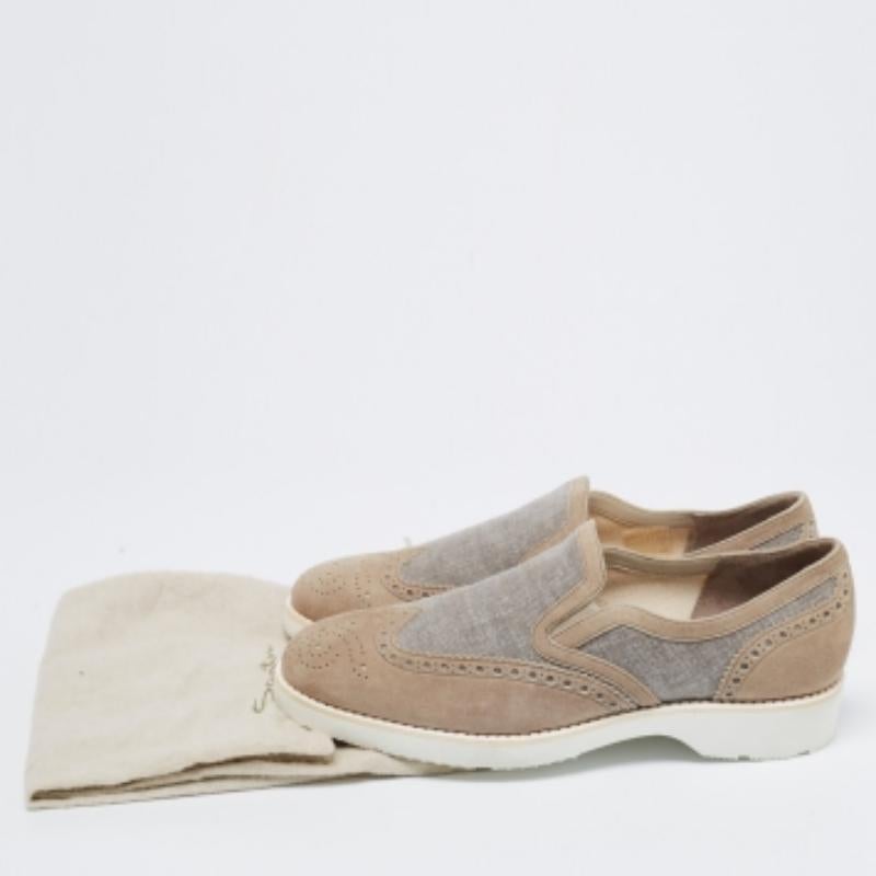 Santoni Grey Brogue Suede And Canvas Slip On Sneakers Size 39.5 In Good Condition For Sale In Dubai, Al Qouz 2