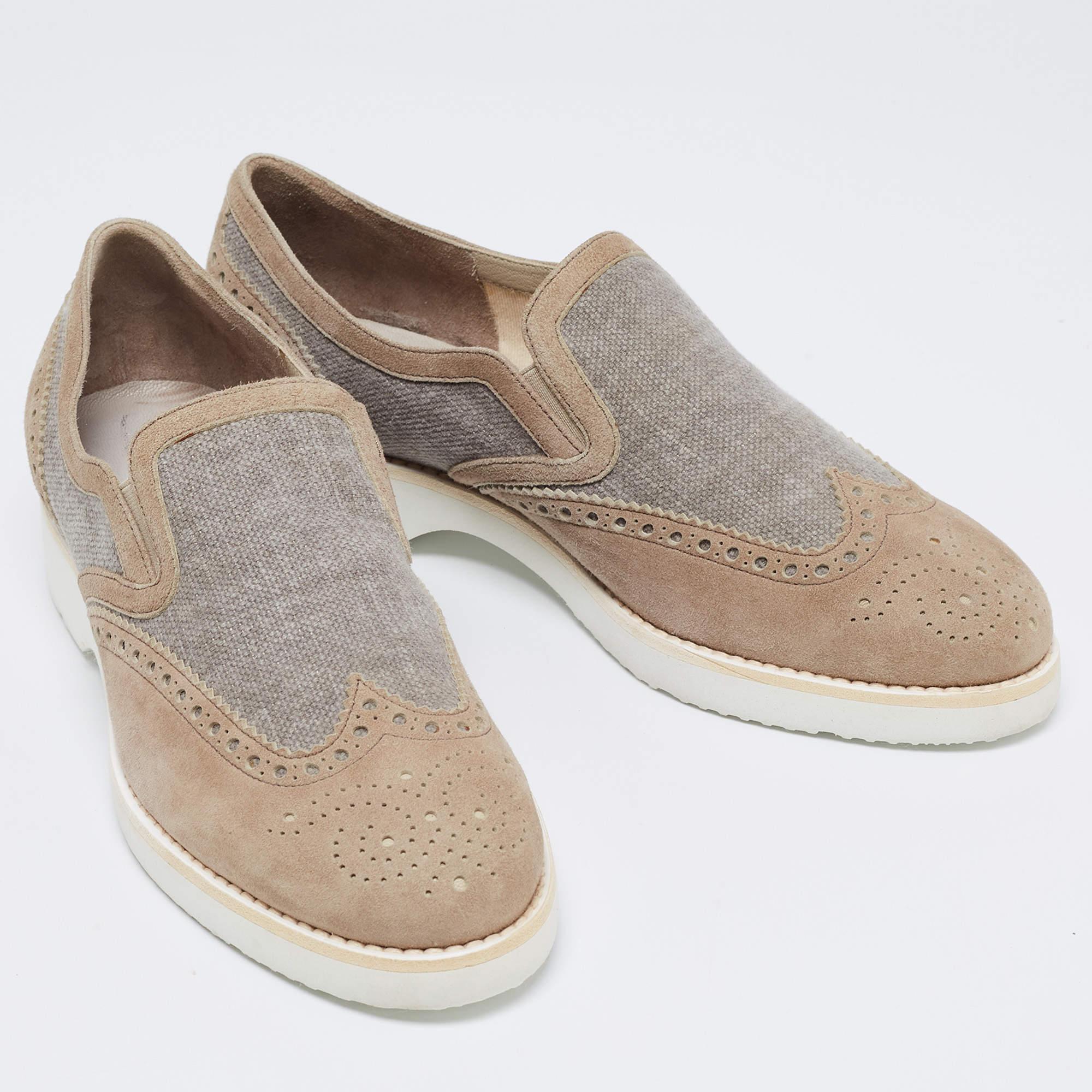 Santoni Grey Brogue Suede And Canvas Slip On Sneakers Size 39.5 In New Condition For Sale In Dubai, Al Qouz 2