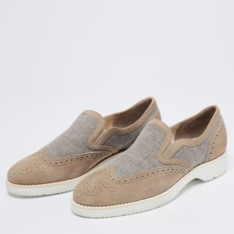 Women's Santoni Grey Brogue Suede And Canvas Slip On Sneakers Size 39.5 For Sale