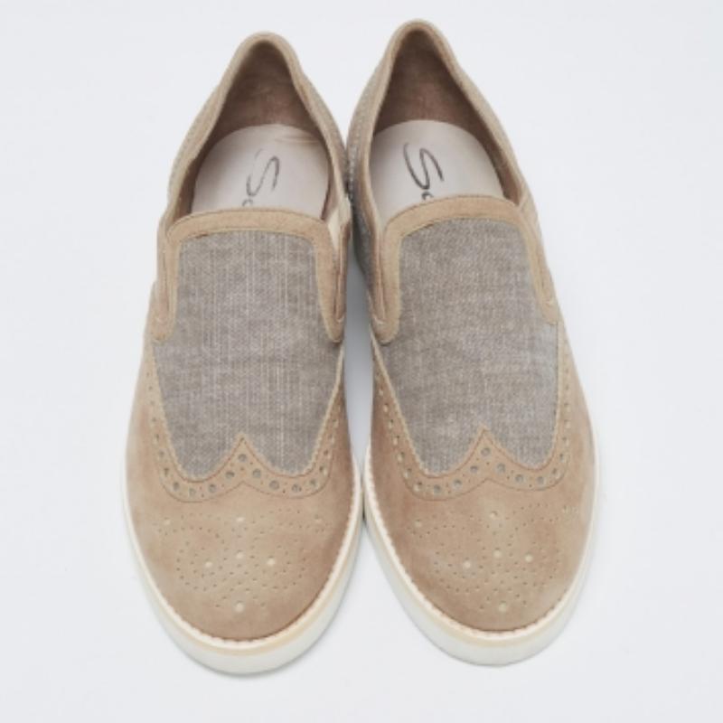Santoni Grey Brogue Suede And Canvas Slip On Sneakers Size 39.5 For Sale 2
