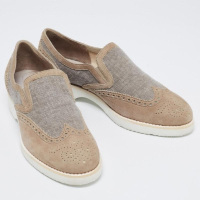 Santoni Grey Brogue Suede And Canvas Slip On Sneakers Size 39.5 For Sale 3