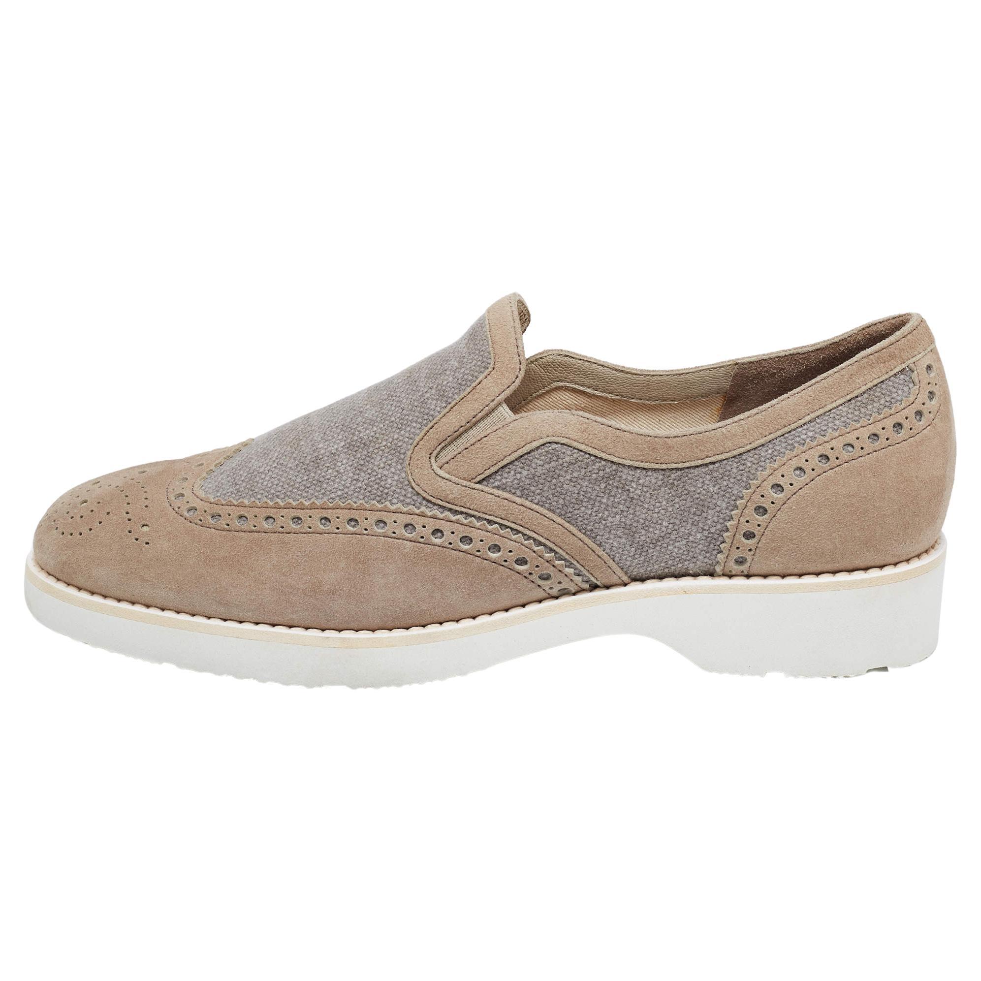 Santoni Grey Brogue Suede And Canvas Slip On Sneakers Size 39.5 For Sale