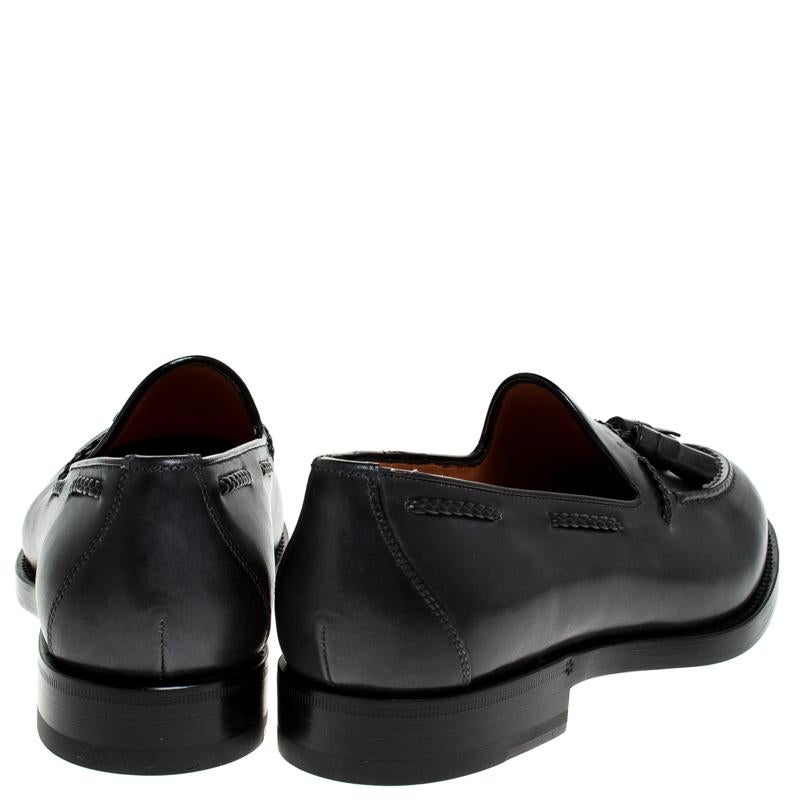Black Santoni Grey Leather Tassel Detail Slip On Loafers Size 40