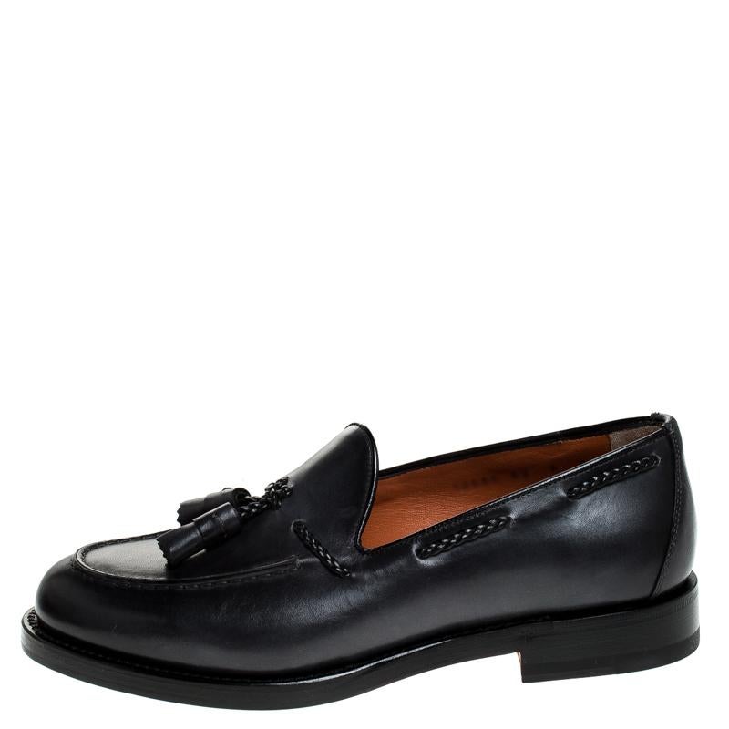 Men's Santoni Grey Leather Tassel Detail Slip On Loafers Size 41