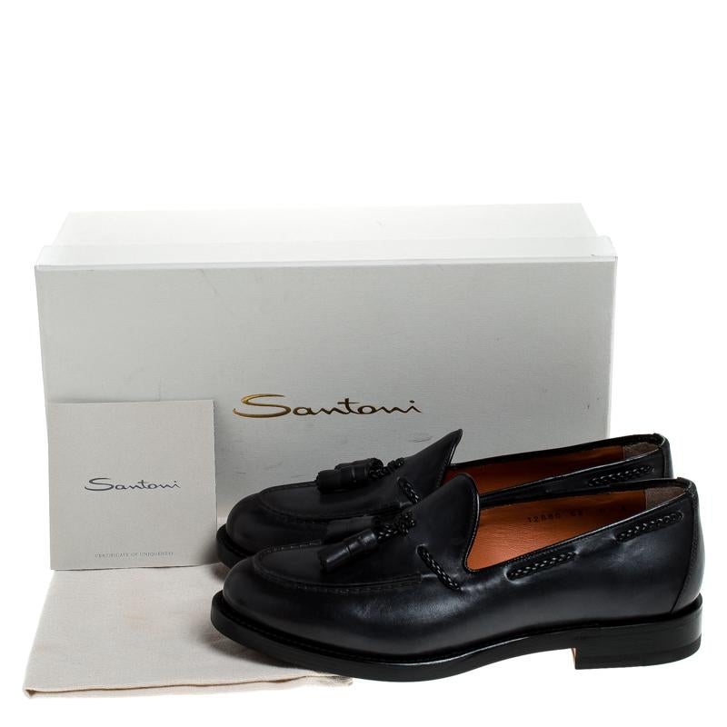 Black Santoni Grey Leather Tassel Detail Slip On Loafers Size 42