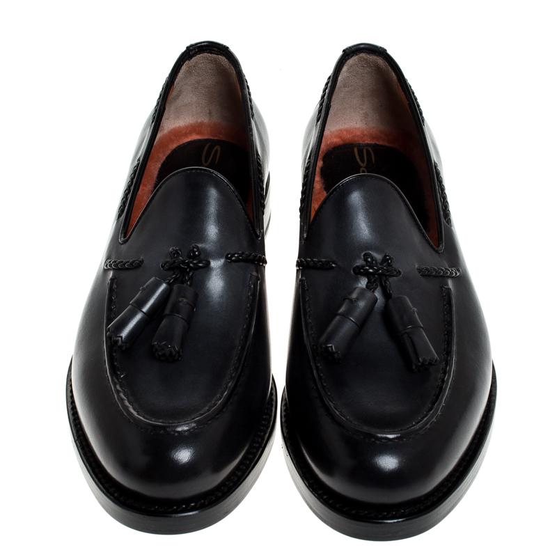 Men's Santoni Grey Leather Tassel Detail Slip On Loafers Size 42