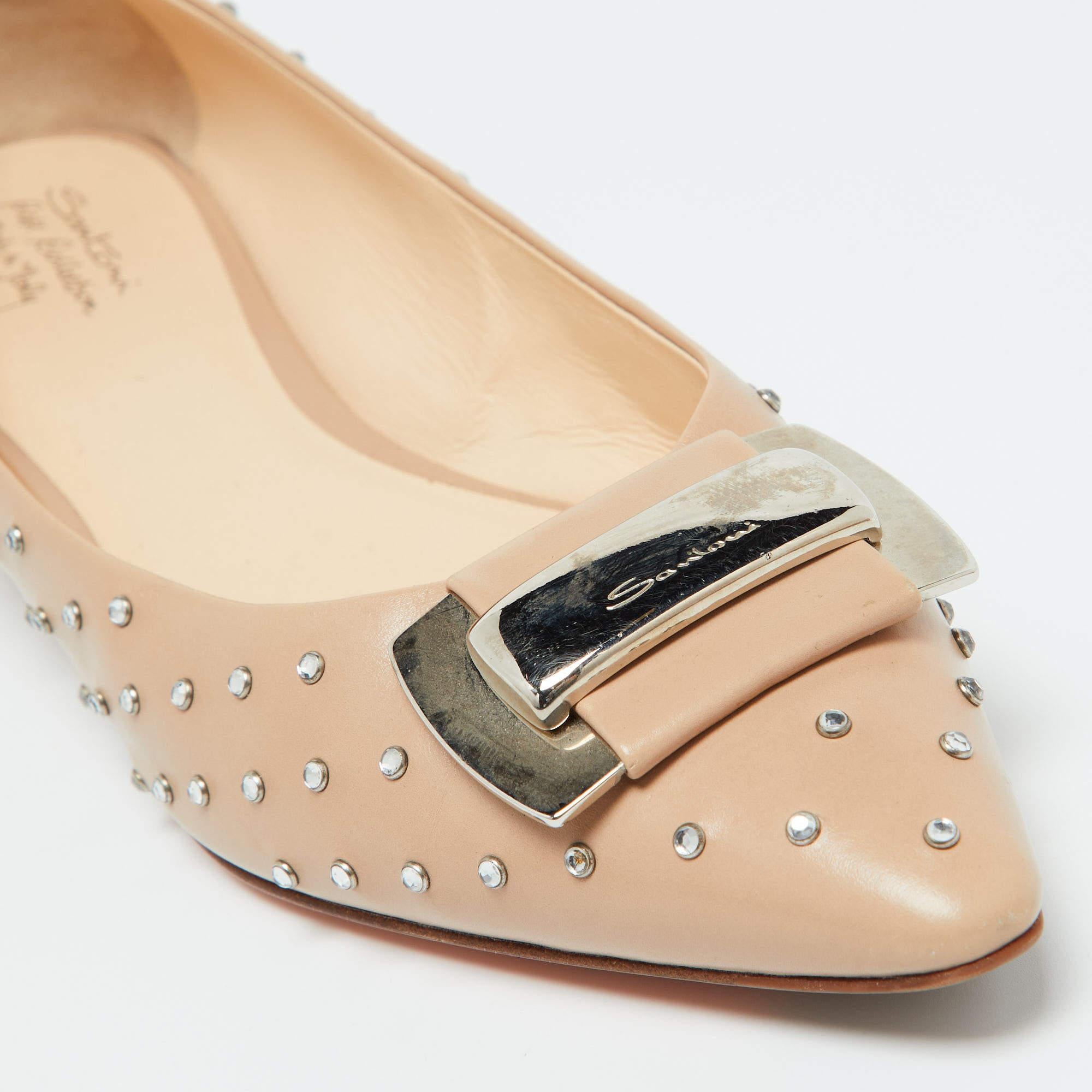 Santoni in pelle impreziosita da cristalli con fibbia sulla punta delle ballerine misura 38,5 in vendita 2