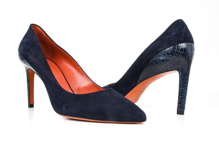 Santoni Shoe Navy Blue Suede Crocodile Feature 40 / 10 New at 1stDibs