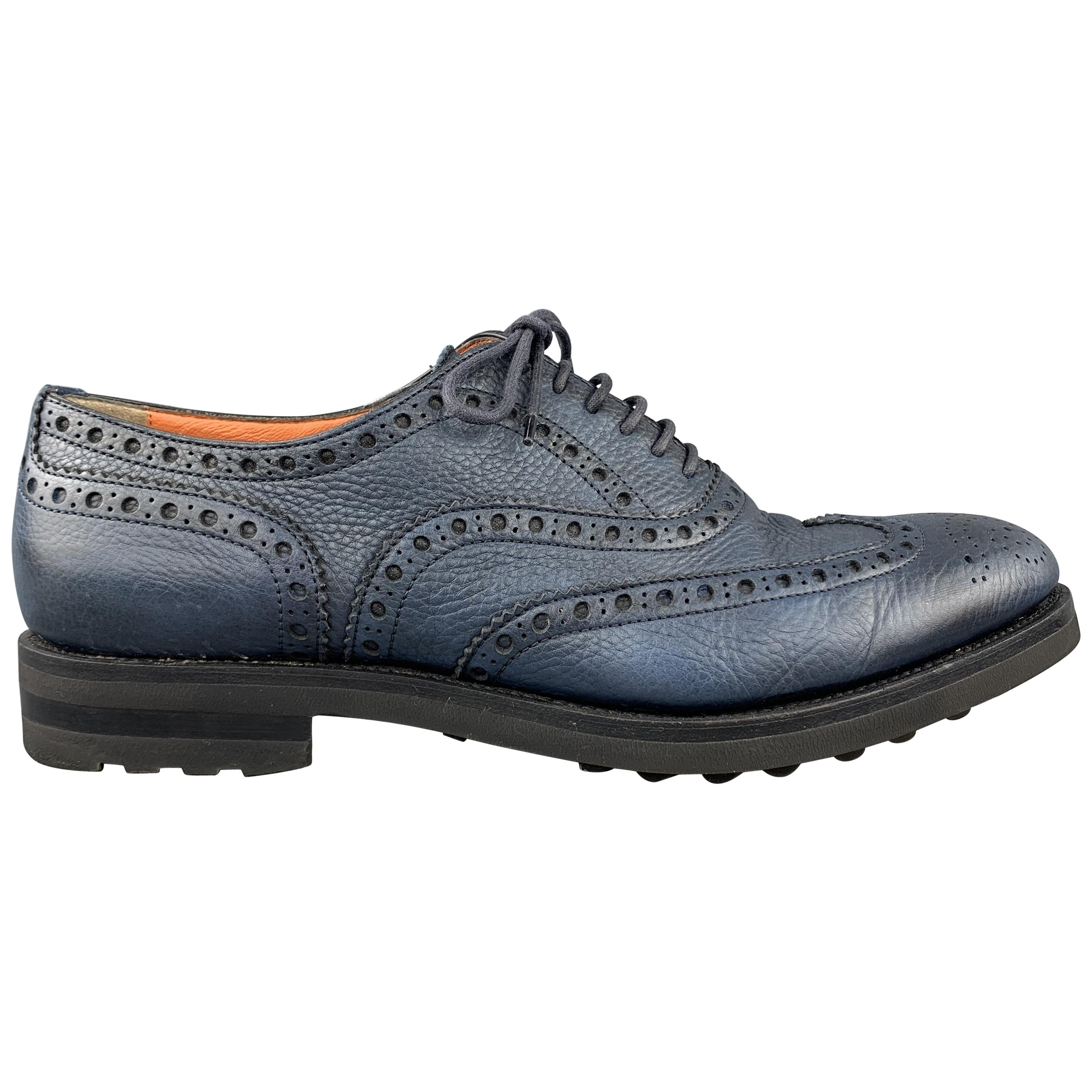 SANTONI Size 10 Navy Leather Wingtip Rubber Sole Lace Up Brogues