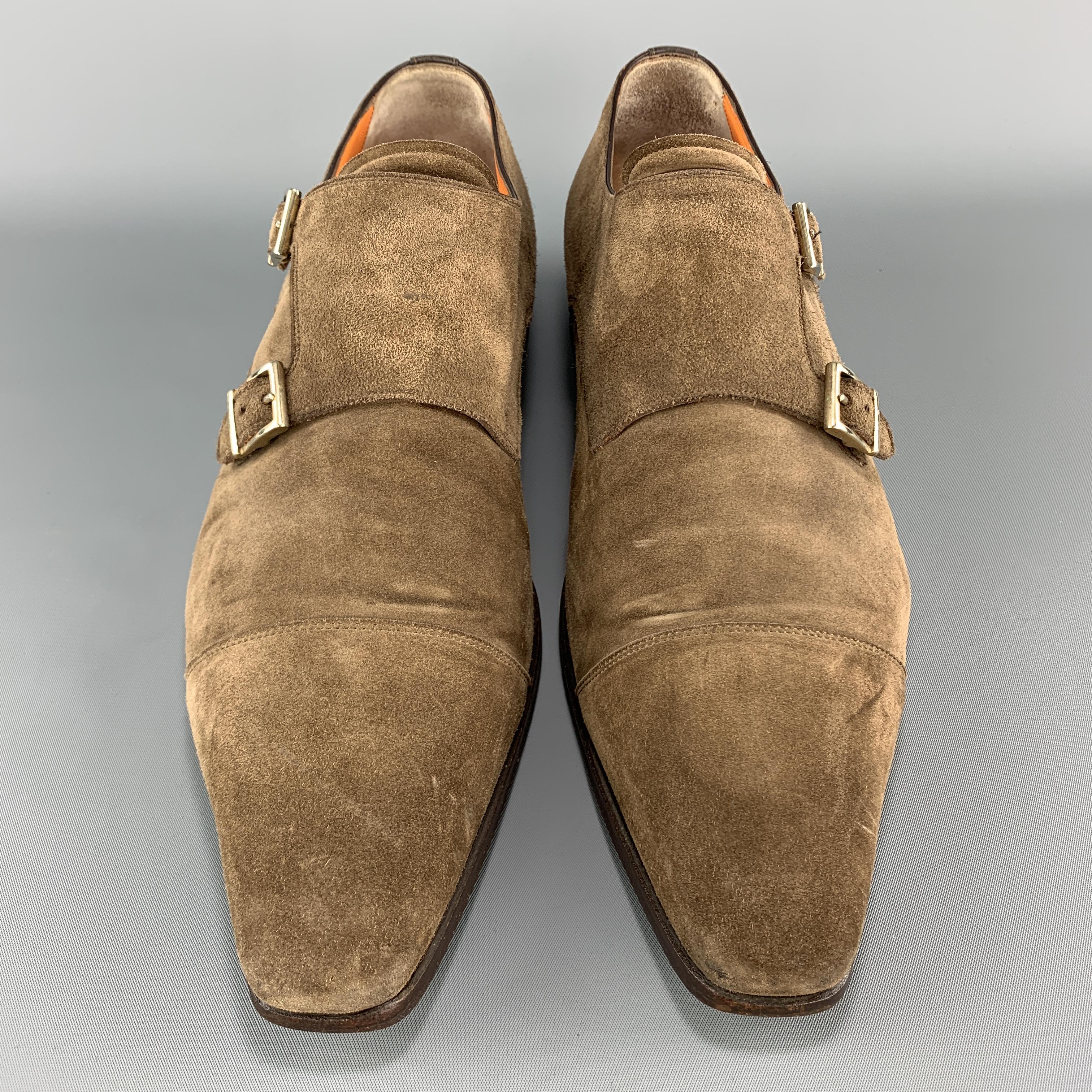 SANTONI dress loafers come in taupe suede with a pointed cap toe and double monk strap closures. Made in Italy. 

Good Pre-Owned Condition.
Marked: UK 10.5

Outsole: 13 x 4 in.
