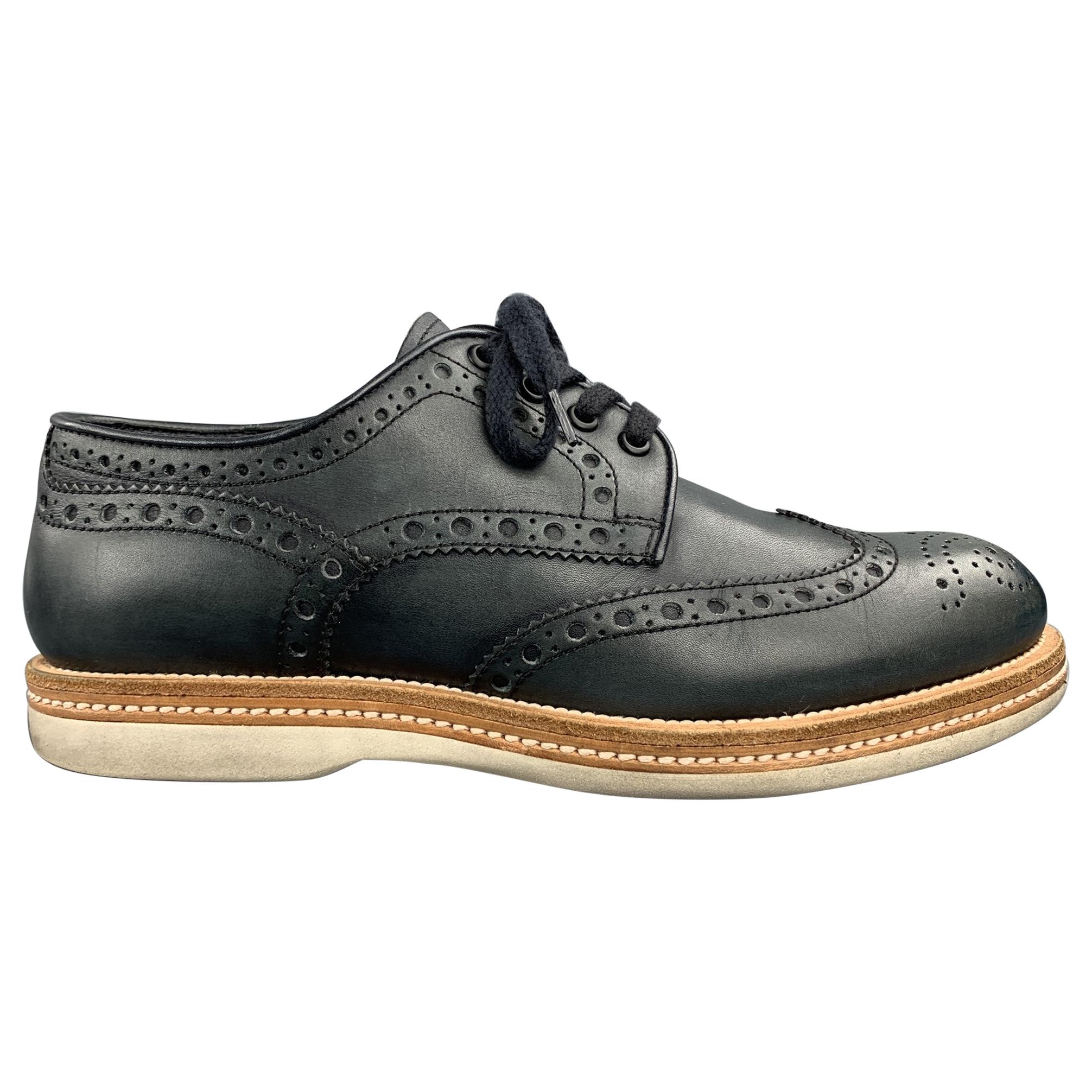 SANTONI Size 8 Navy Perforated Leather Wingtip Lace Up Shoes