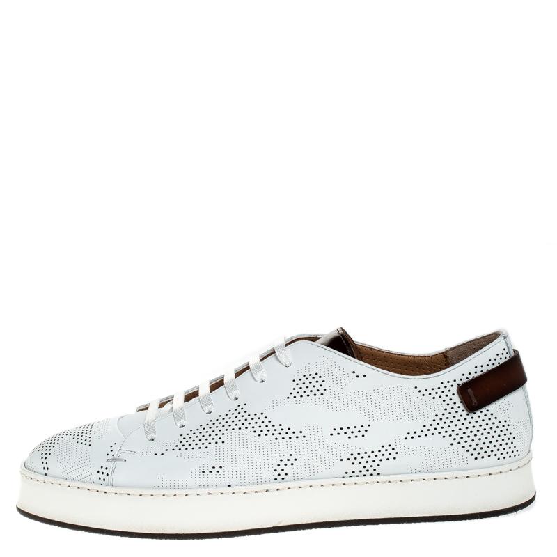Santoni White Perforated Leather Low Top Sneakers Size 39.5 In New Condition In Dubai, Al Qouz 2