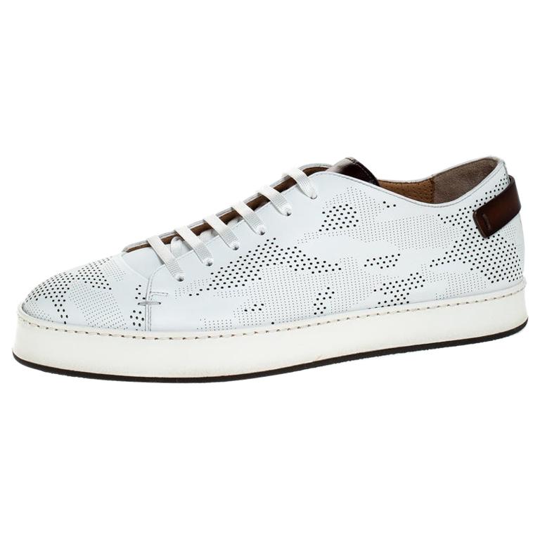 Santoni White Perforated Leather Low Top Sneakers Size 42.5