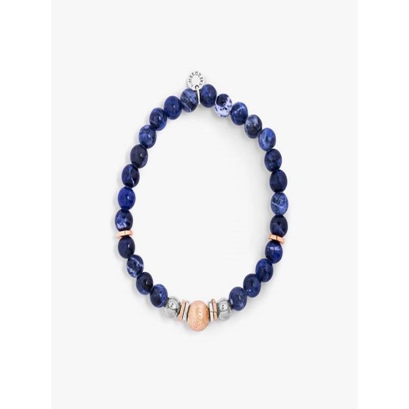 Santorini bracelet in sodalite and rose gold plated sterling silver, Size S

Sterling silver beads have been delicately and expertly hammered to add a sparkling effect to the beads. A combination of plating combines colours, complimented by the