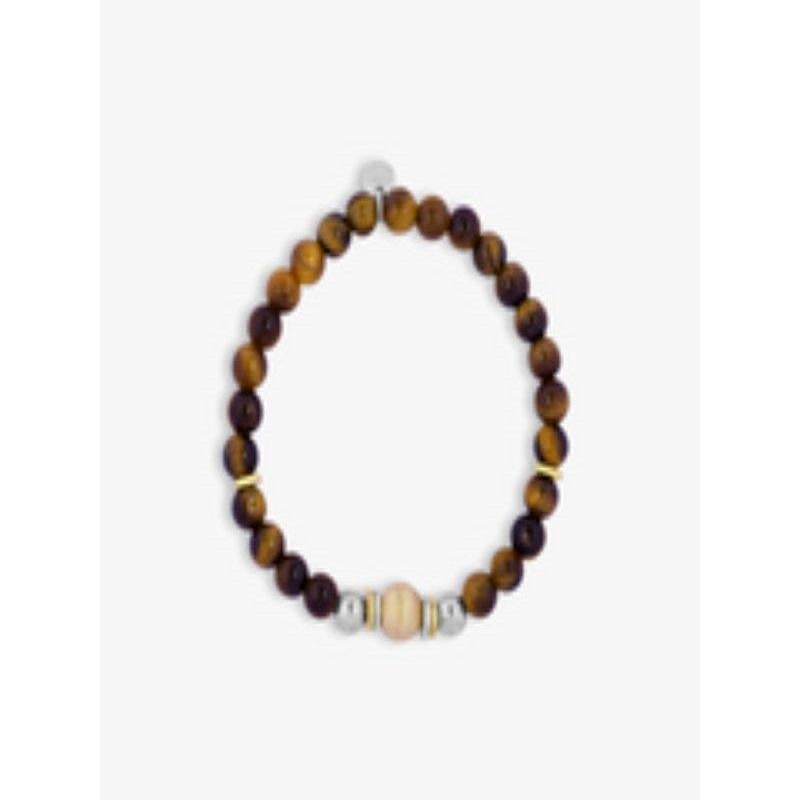 Santorini bracelet in tiger eye and gold plated sterling silver, Size S

Sterling silver beads have been delicately and expertly hammered to add a sparkling effect to the beads. A combination of plating combines colours, complimented by the classic