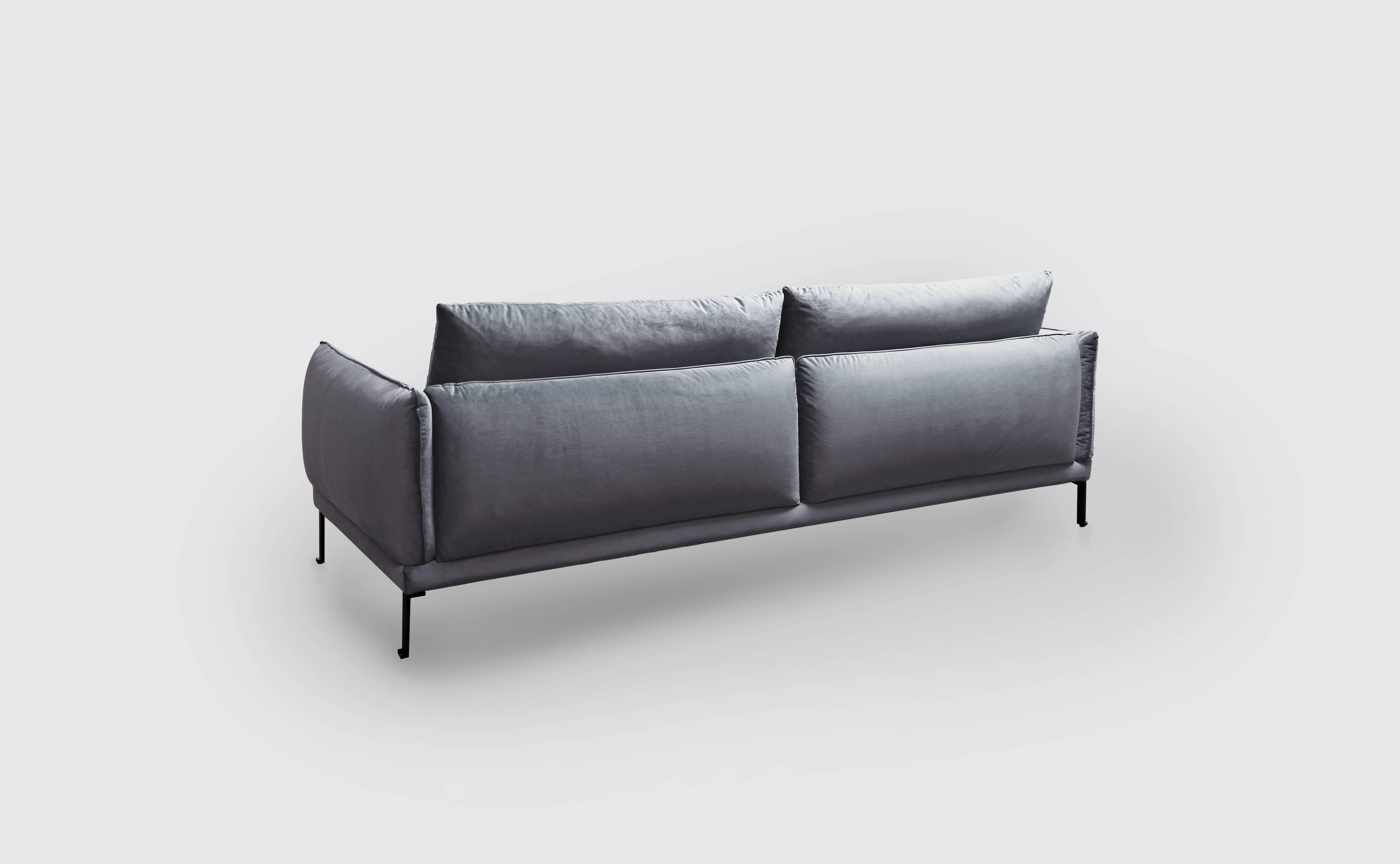 Minimalist Santorini Handmade Contemporary Sofa, Tufted Cushions, Fabric Cover, Metal Legs For Sale
