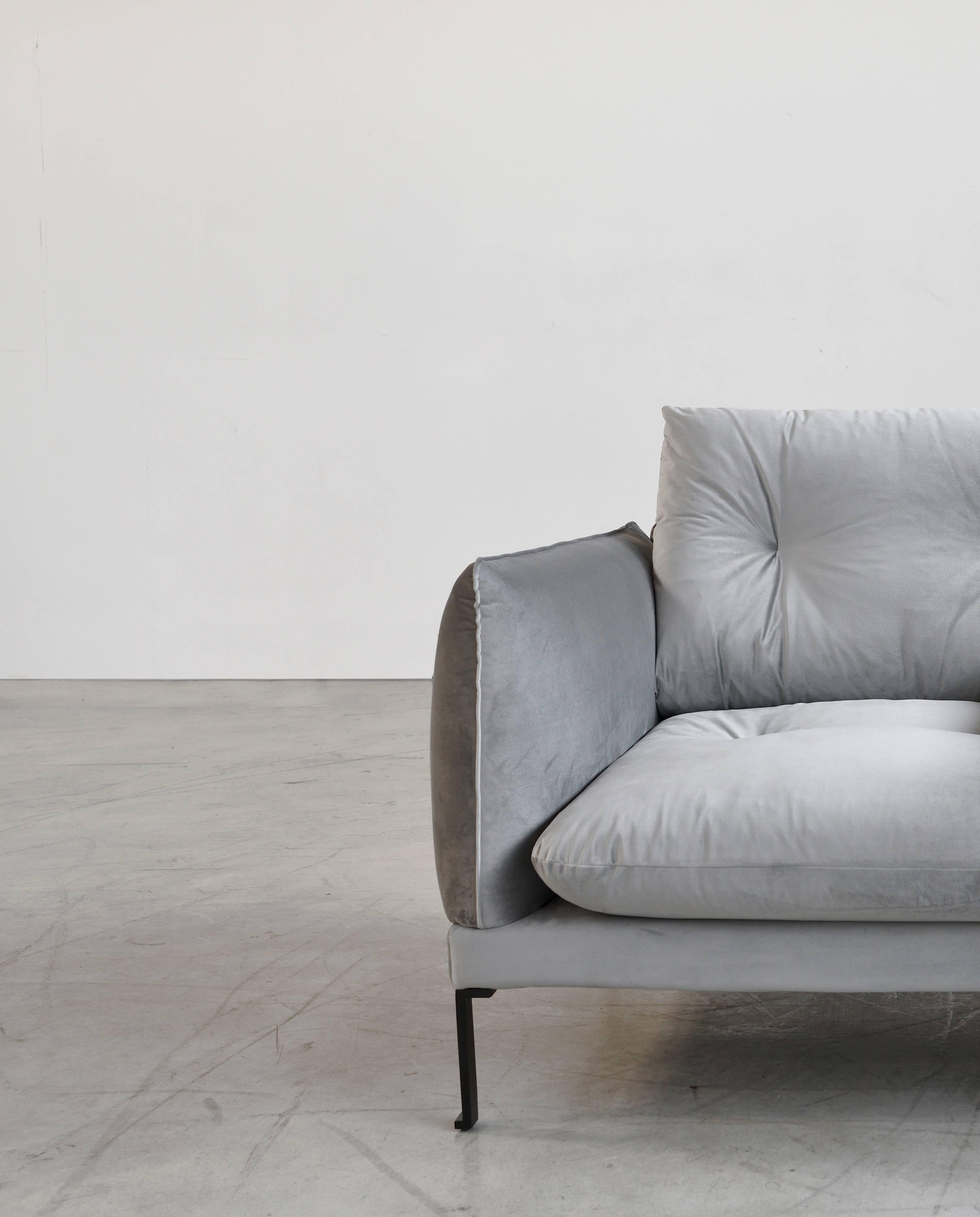 Greek Santorini Handmade Contemporary Sofa, Tufted Cushions, Fabric Cover, Metal Legs For Sale
