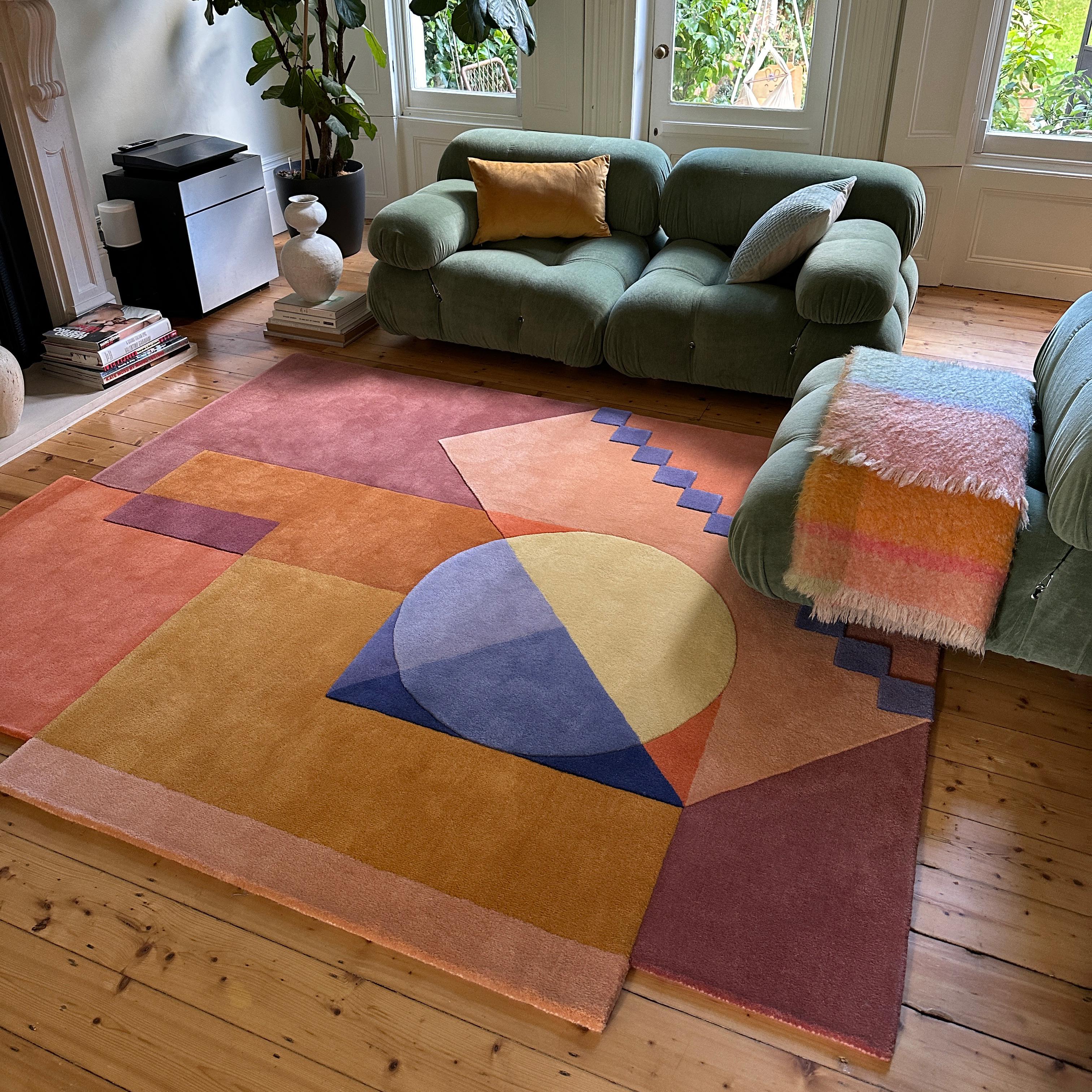 Hand-Crafted Santorini Sunrise Geometric Greek Modern Area Rug Standard Size For Sale