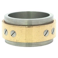Santos De Cartier 18k Gold & Steel 12mm Wide Band Ring sz 57 Discontinued