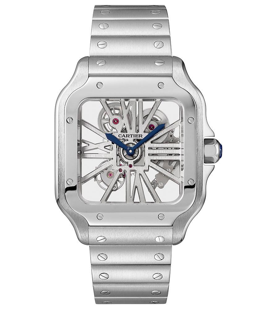 This Santos de Cartier larger model watch is crafted in a stainless steel case measuring 39.8mm. The skeleton dial features hours and minutes with skeletonized bridges forming Roman numerals and blued-steel sword-shaped hands. The stainless steel