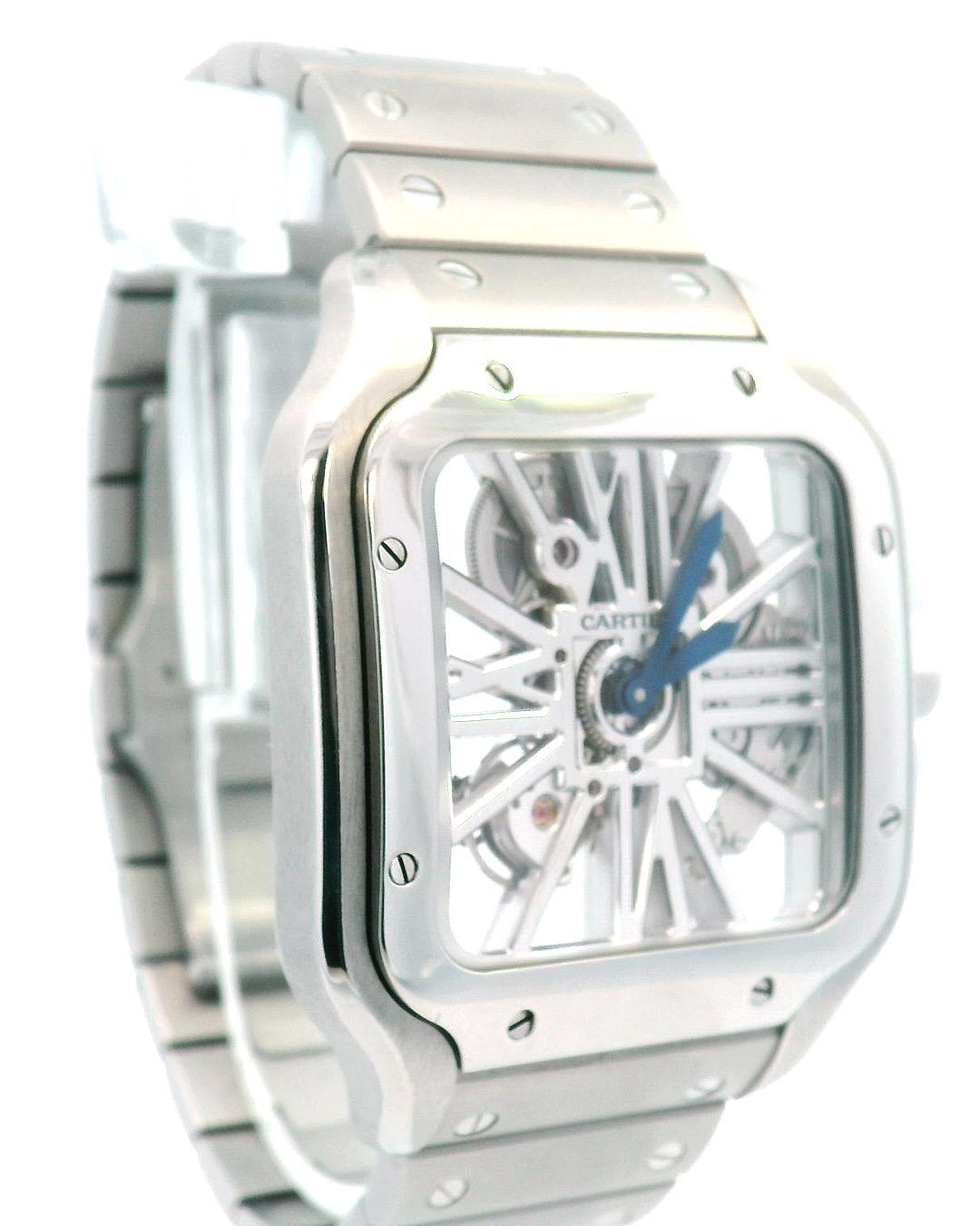 Cartier Santos De Cartier WHSA0007 Men's watch.  40MM stainless still case size with stainless still bezel. Skeleton dial with a stainless steel bracelet, fold-over clasp, and hidden double push button. It will fit a 7-inch wrist size. Sapphire