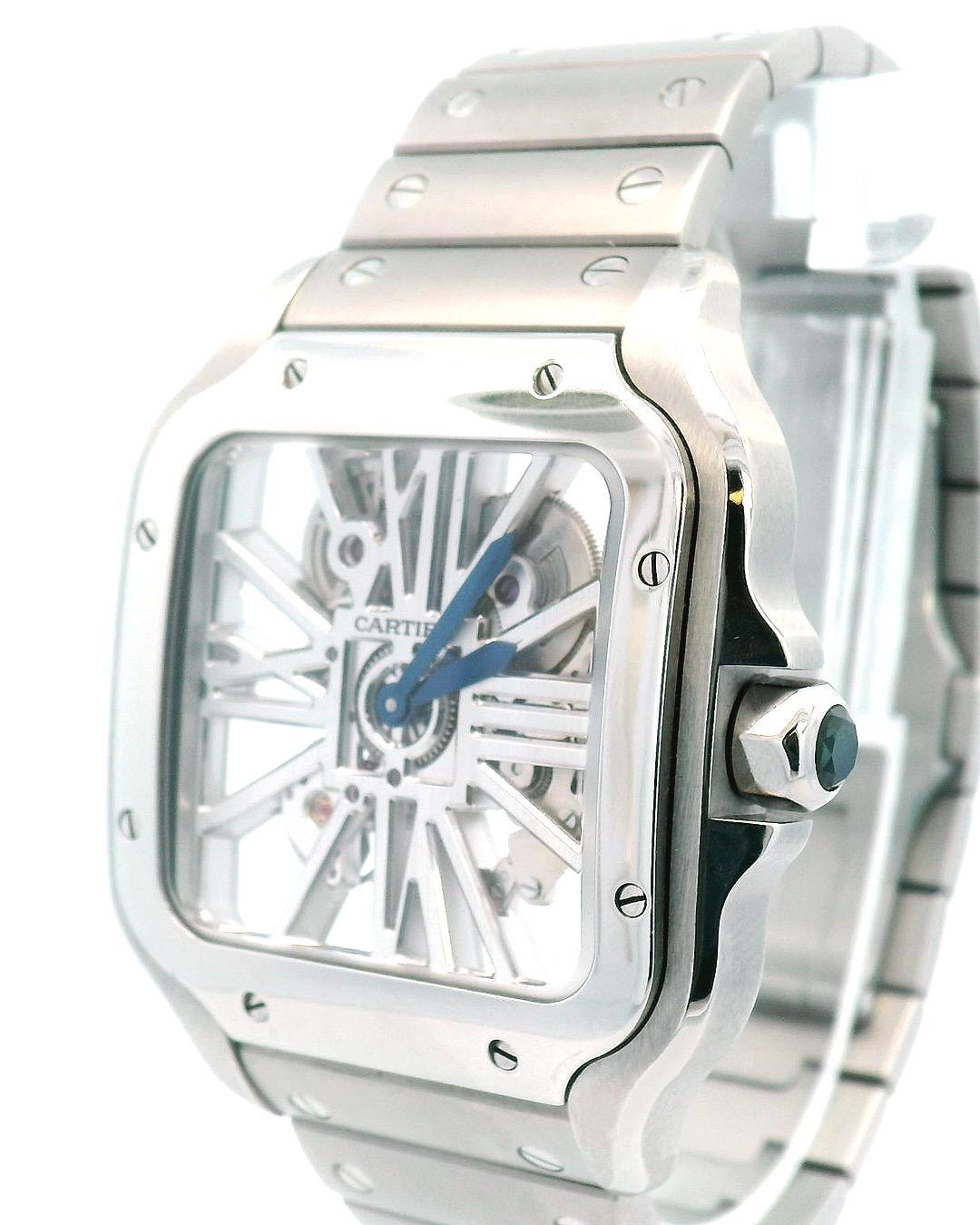 Santos De Cartier WHSA0007 Stainless Steel Skeleton Dial Box & Papers In Excellent Condition For Sale In Great Neck Plaza, NY