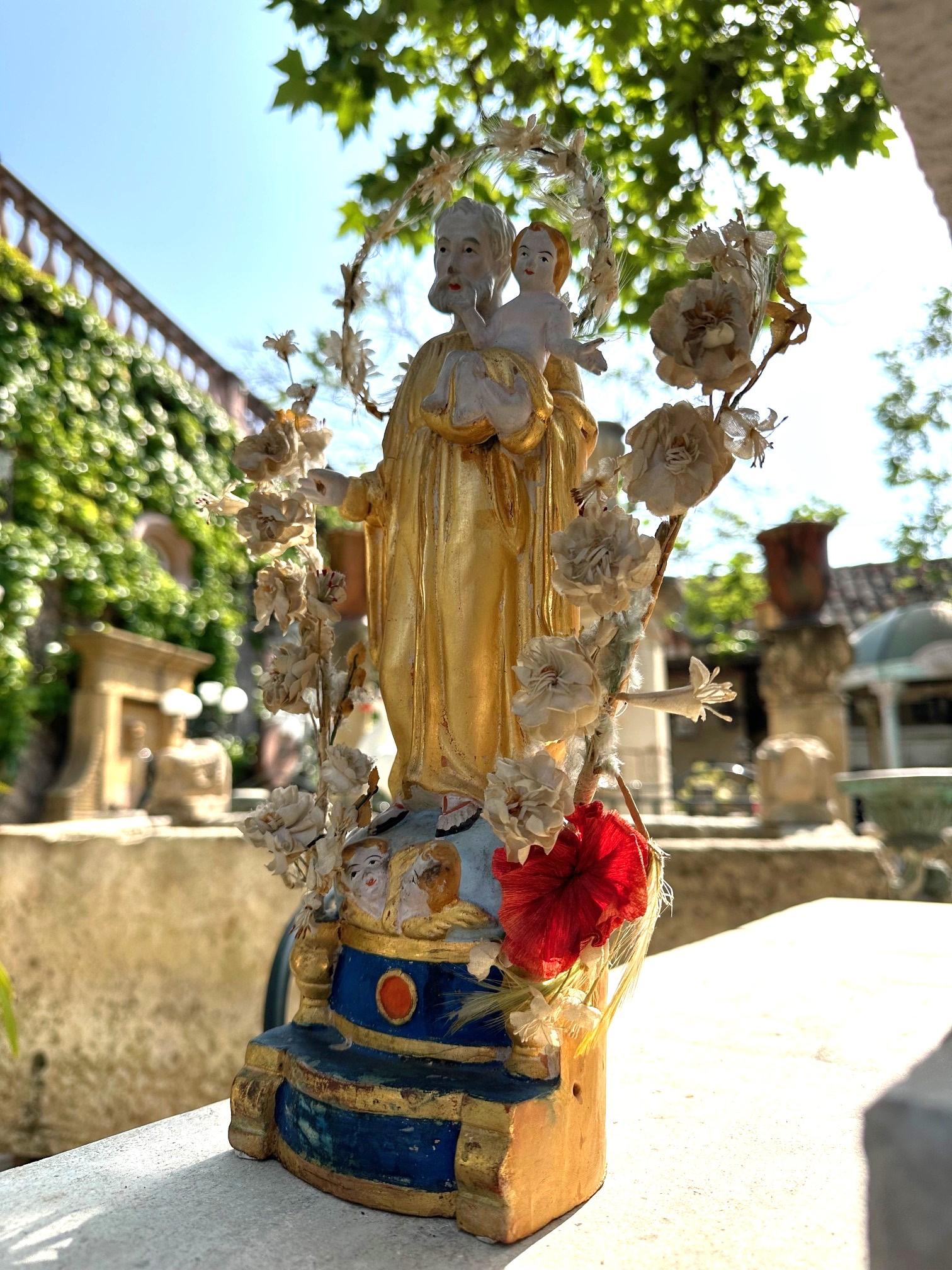 Hand-Crafted Santos Handmade Statue Saint Joseph and Child Antiques, Los Angeles, CA, LA For Sale