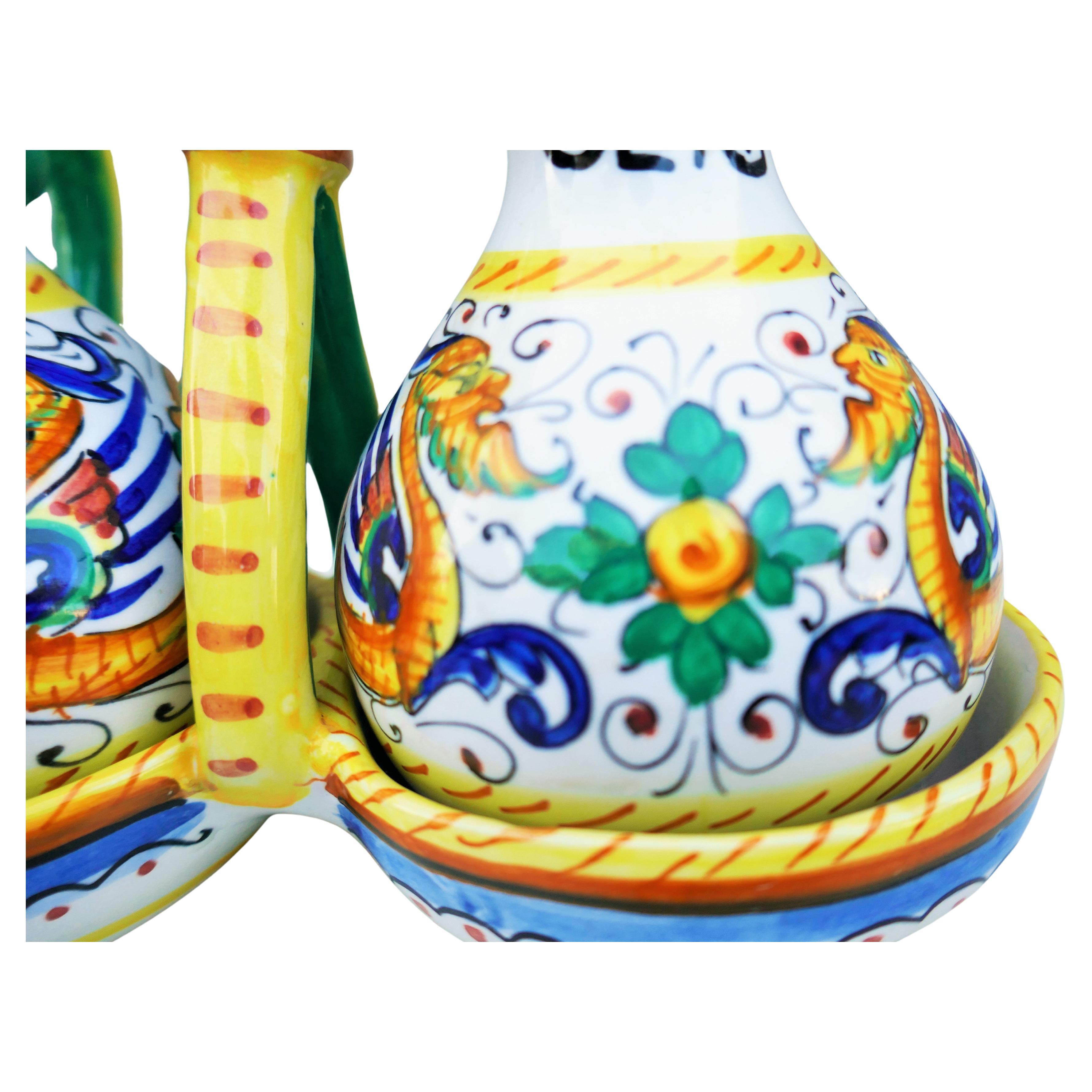 Late 20th Century Santucci Deruta Oil and Vinegar Majolica with Raphaelesque in vendita
