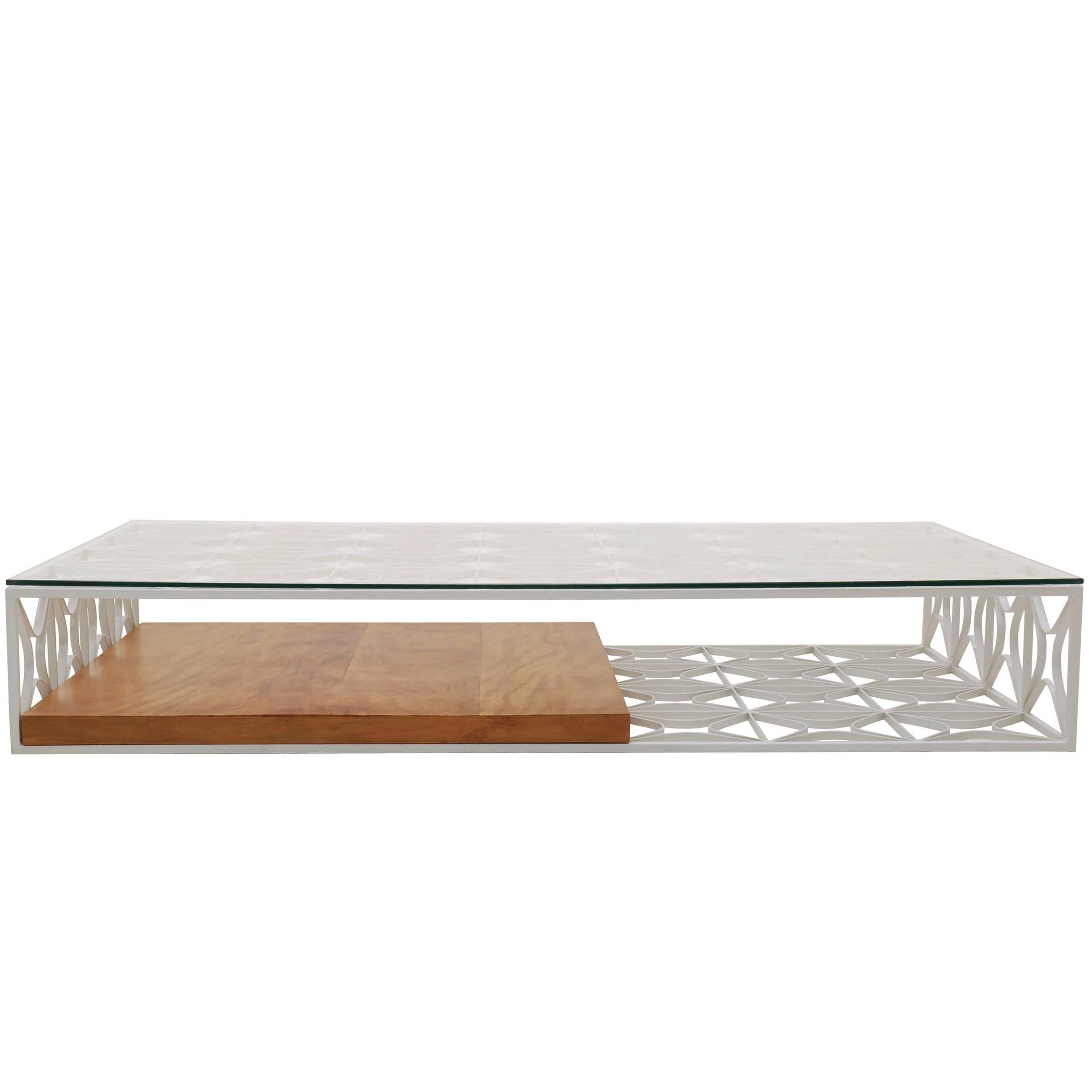 São Cristóvão Brazilian Contemporary Pattern Metal, Glass and Wood Centre Table