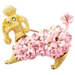 SAO Signed Gold Poodle Dog Pin Brooch, Pink Enamel Flowers and Crystals, Vintage