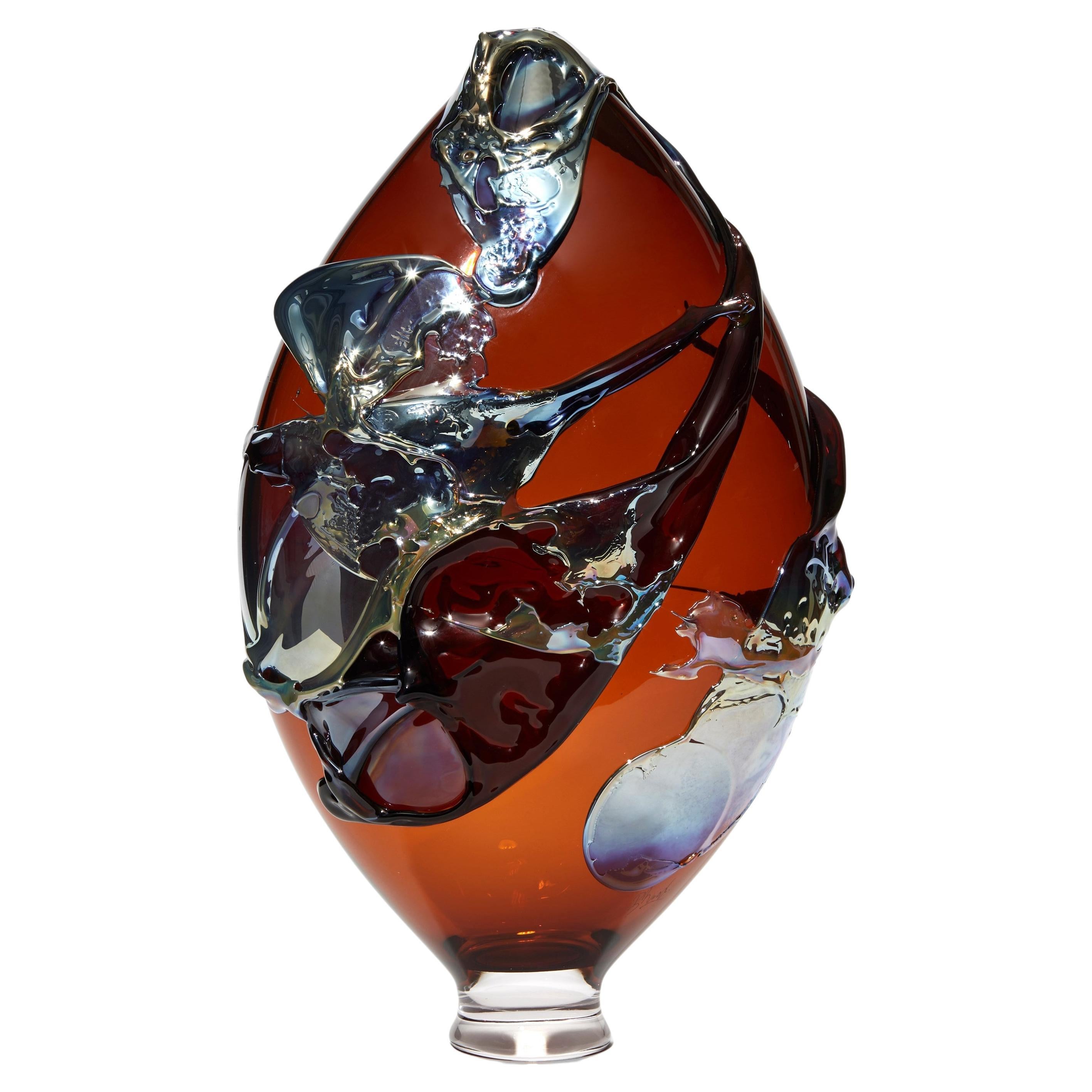 Sap, a Unique Rich Amber & Petrol Metallic Blue Glass Sculpture by Bethany Wood For Sale