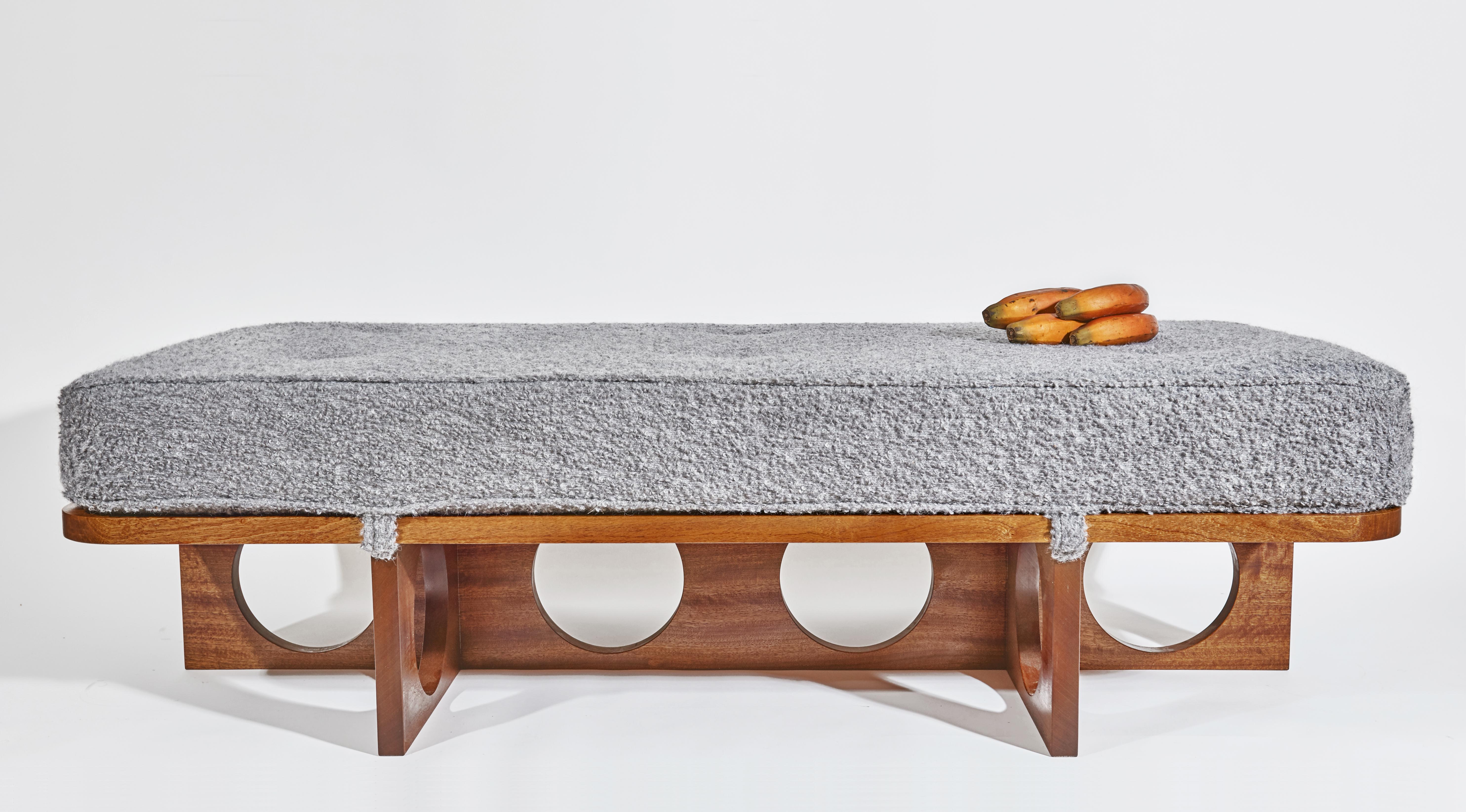 Contemporary Sapele wood & Alpaca Bouclé Ottoman in style of Brazilian Modernism For Sale