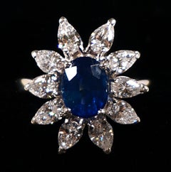 Saphire and Diamonds 18k White Gold Cocktail Halo Cluster Ring, Around 1970