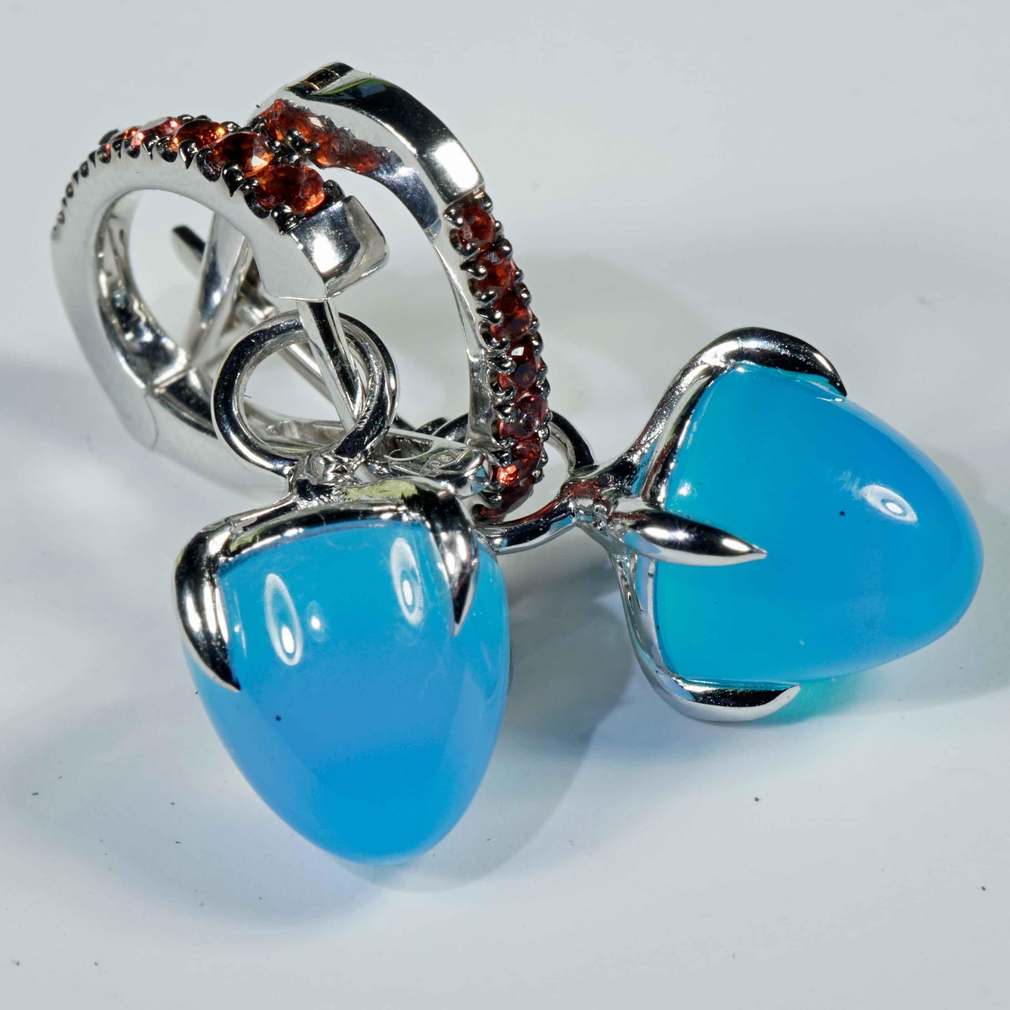 Modern Saphire Paraiba-Agate Earrings delightful italian Design 5.90 ct 24 x 10 mm 18kt For Sale