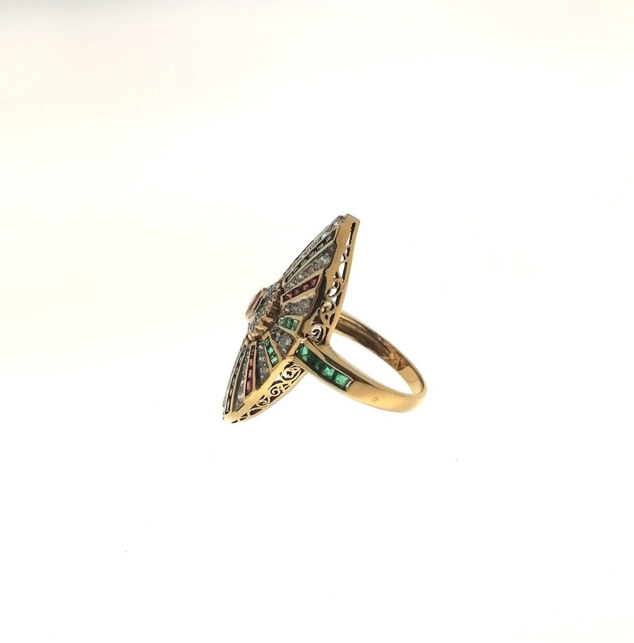 Modern 1970s Sapphire, Ruby, Emerald and Diamonds 18 Karat Yellow Gold Ring For Sale