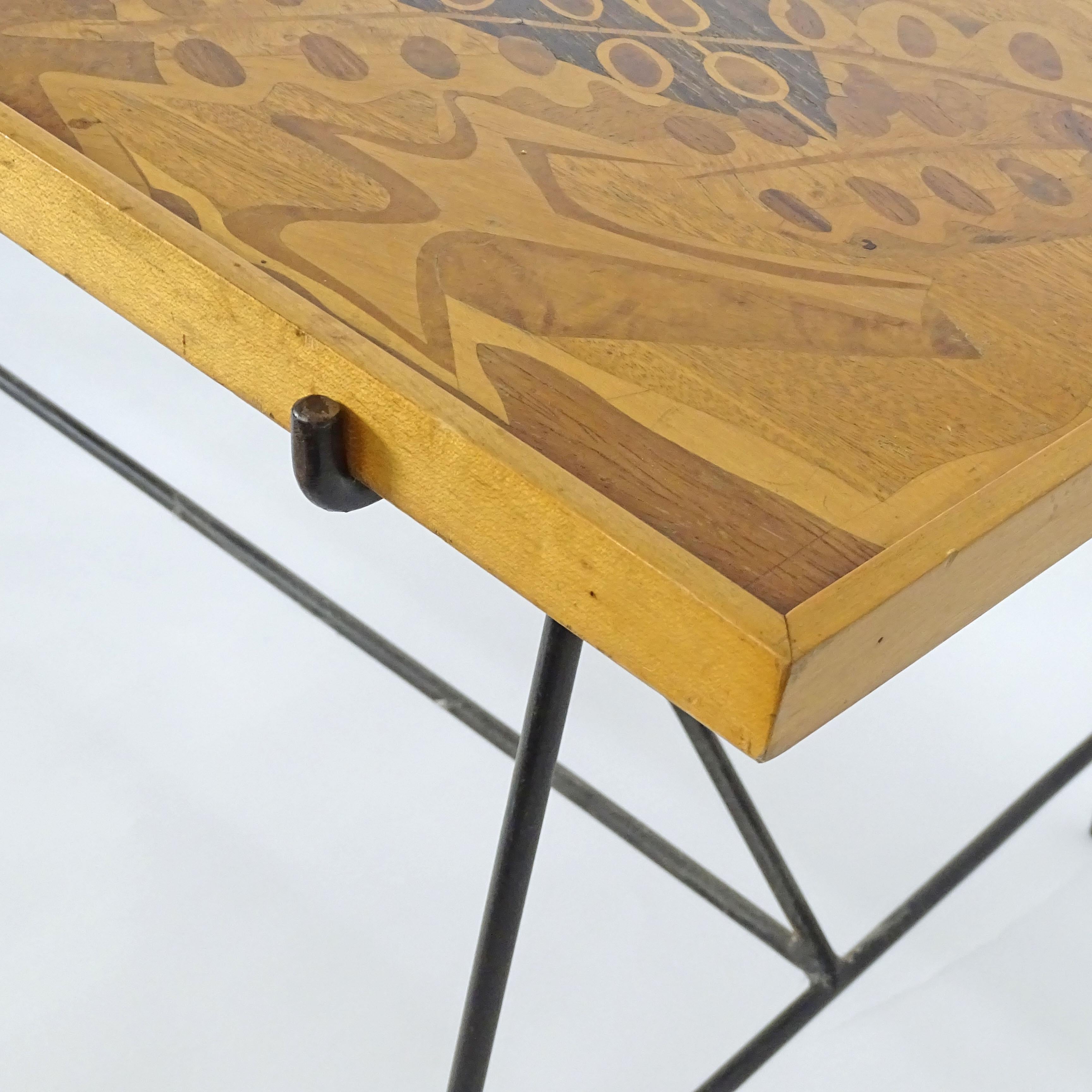 Italian Saporiti 1950s Marquetry Wood Top and Metal Base Coffee Table For Sale