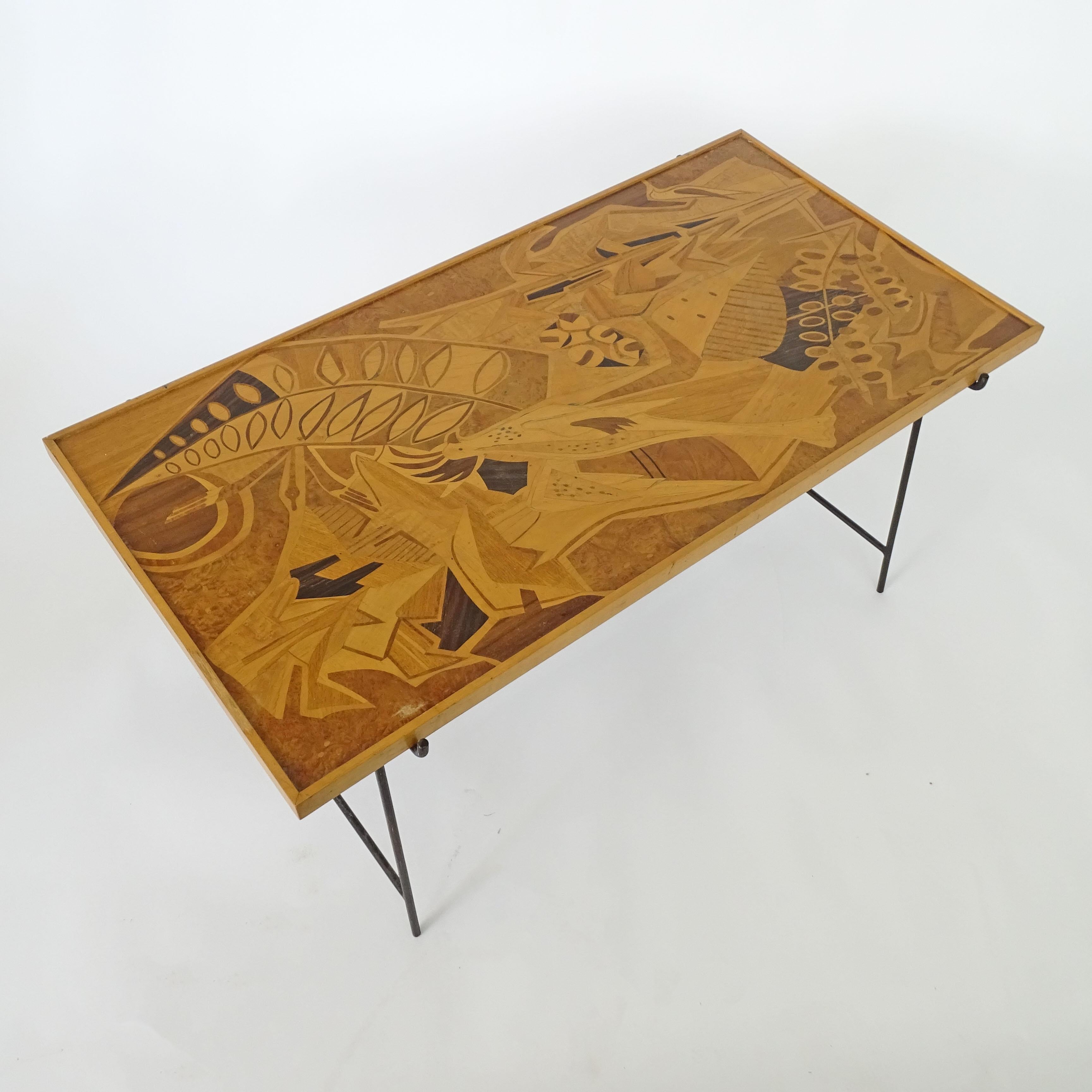 Mid-20th Century Saporiti 1950s Marquetry Wood Top and Metal Base Coffee Table For Sale