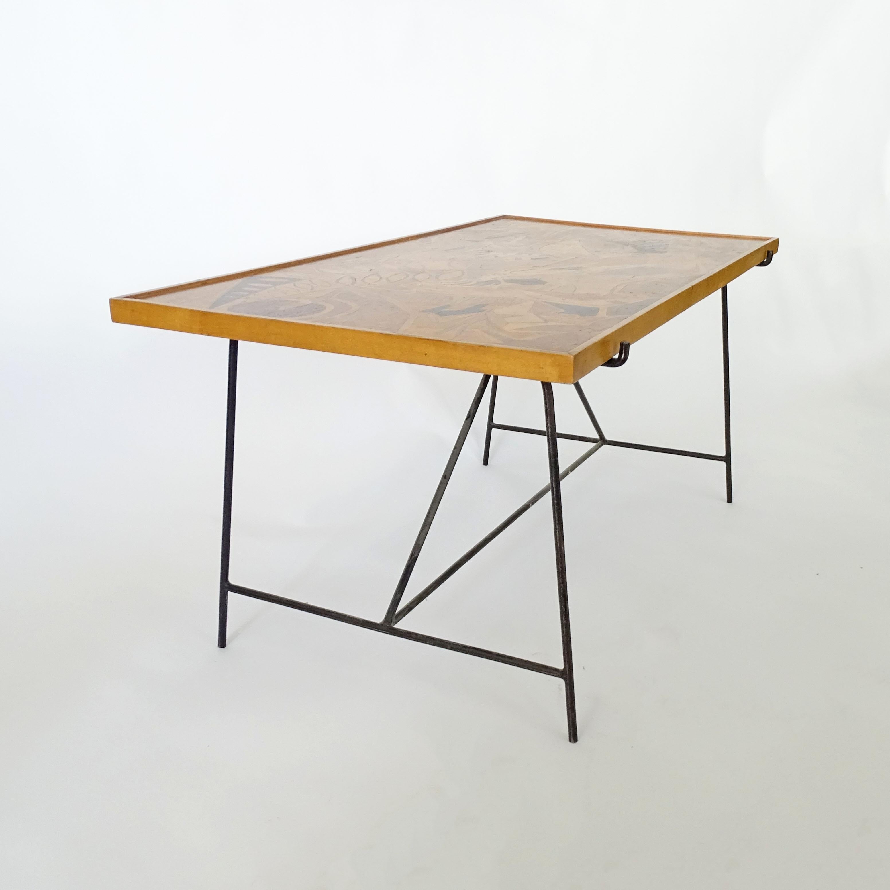 Saporiti 1950s Marquetry Wood Top and Metal Base Coffee Table For Sale 1