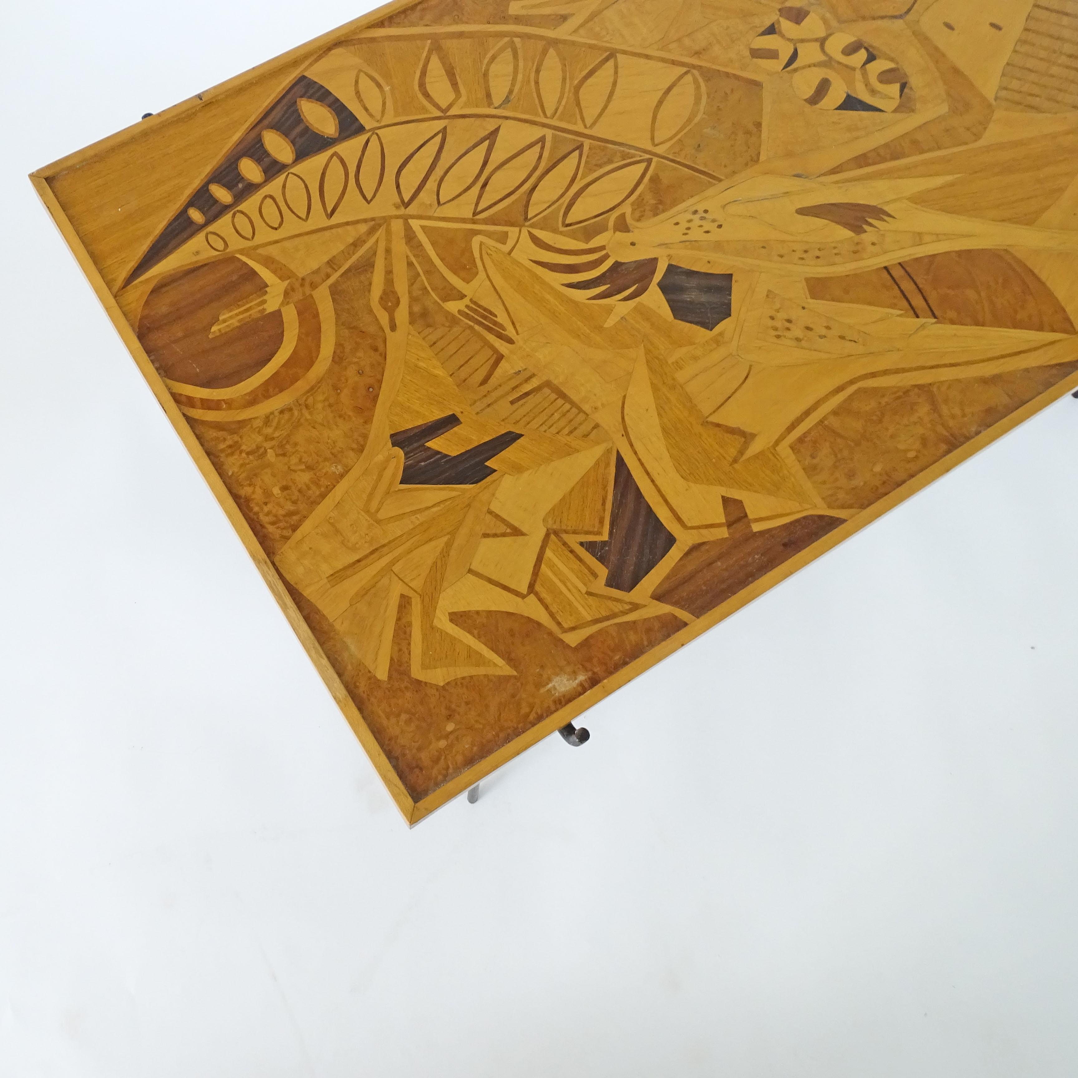 Saporiti 1950er Jahre Intarsienholzplatte und Metallgestell Couchtisch im Angebot 1