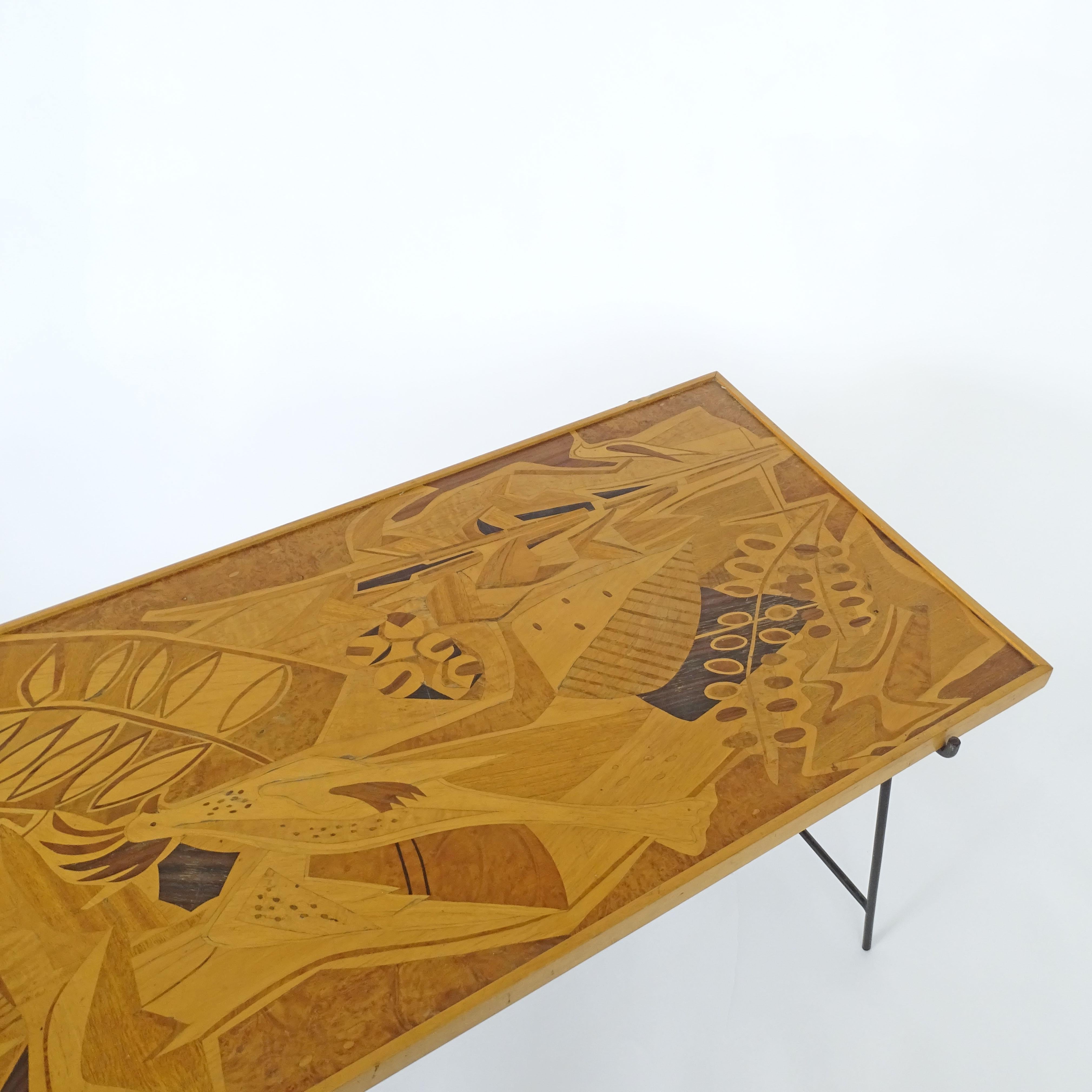 Saporiti 1950s Marquetry Wood Top and Metal Base Coffee Table For Sale 3
