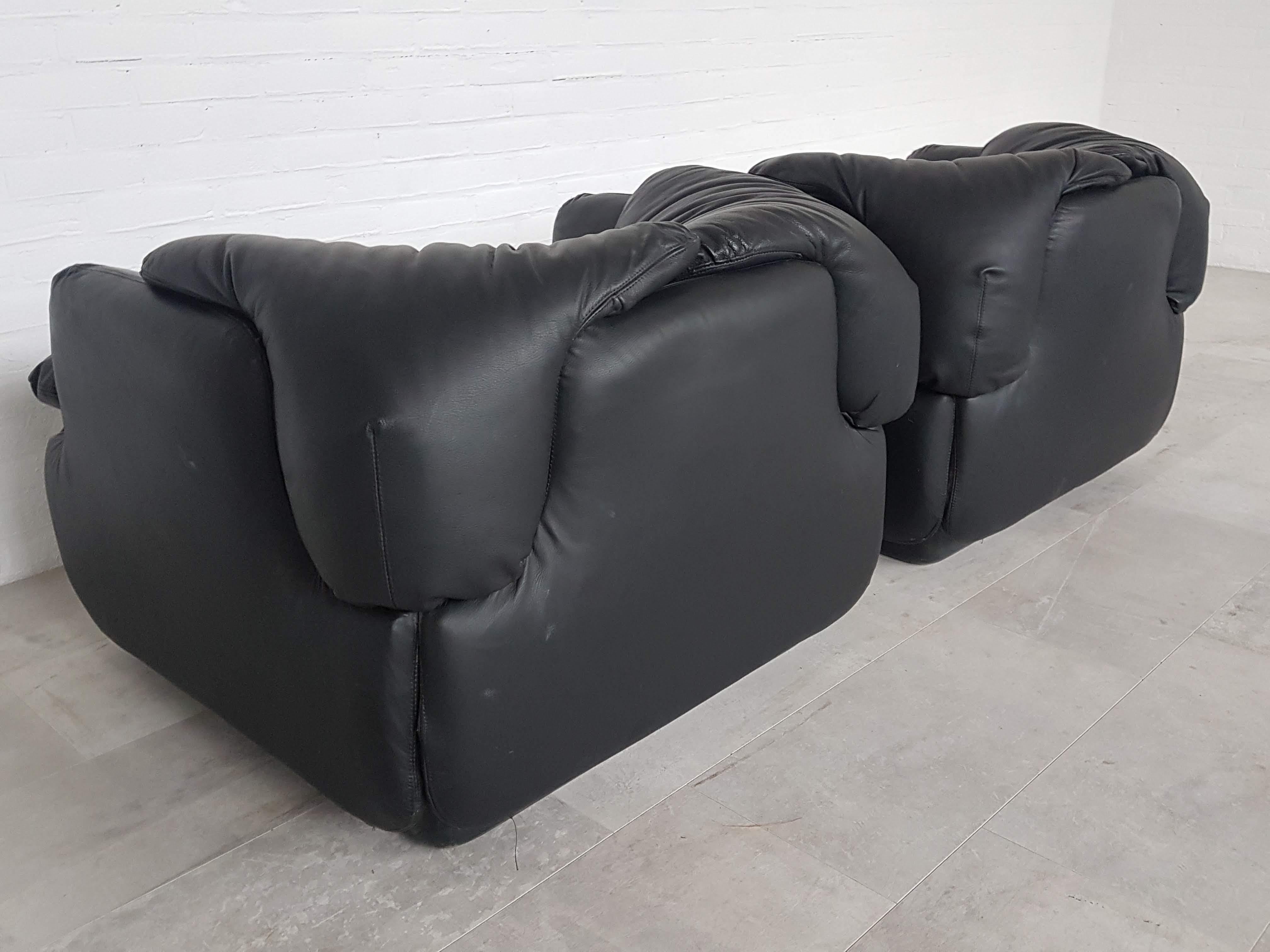 Italian Saporiti Black Leather 'Confidential' Club Chairs by Alberto Rosselli