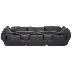 Saporiti Black Leather Three-Seat Sofa Confidential by Alberto Rosselli